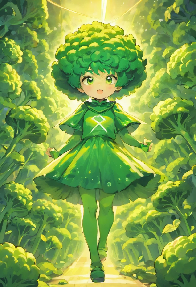 Drawing of a broccoli stylized as a superhero for children illustration for children's book, fofo, lindo, Kawaii, Estilo Anpanman.