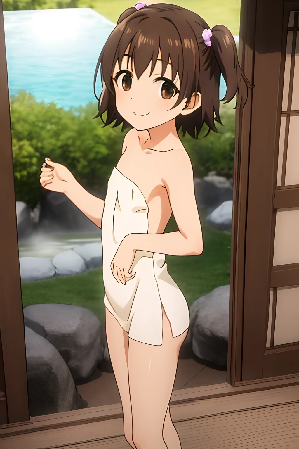 masterpiece, best quality,
1girl, solo, brown hair, short hair, two side up, brown eyes, flat chest, smile,
white towel on the body,
looking at viewer,nude legs,side view girl,
onsen,