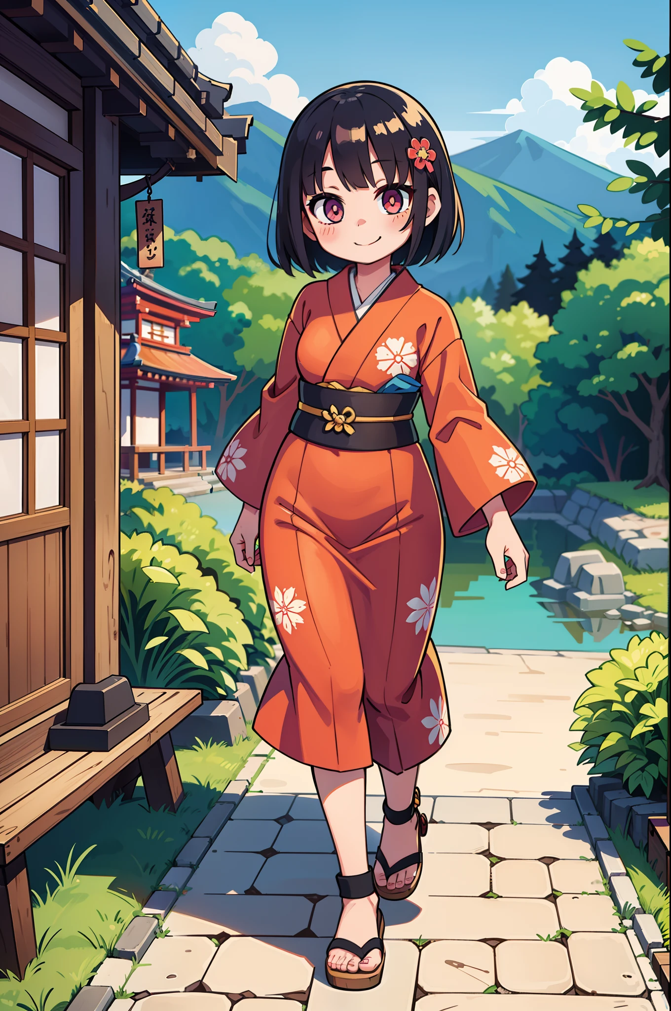 Woodblock prints and ink, A girl turned around, Clothing product samples , kawaii, smile, with colored contacts in her eyes, Accessories, full body,walking , in summer , Kinkakuji Temple in Kyoto