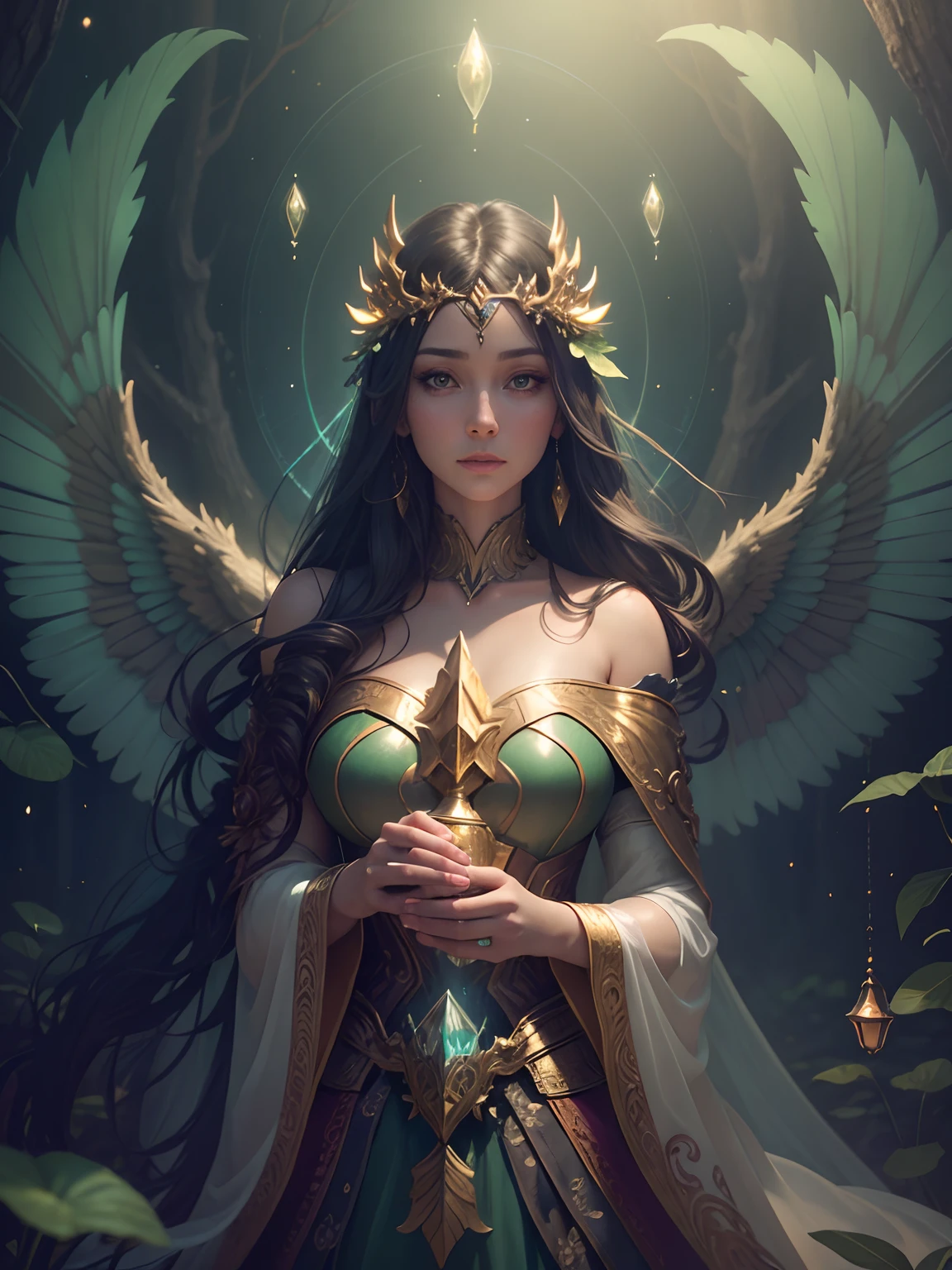 Guardian of the Enchanted Grovean armored woman with iridescent, wing-like pauldrons, standing tall amidst an ethereal grove of towering, luminescent mushrooms, the forest floor covered in sparkling dewdrops, a mystical aura emanating from her presence, the air filled with a soft, golden glow, captured through a hyper-realistic digital painting with a focus on intricate details and a seamless blend of natural and magical elements, rendered using a combination of Blender and Photoshop.