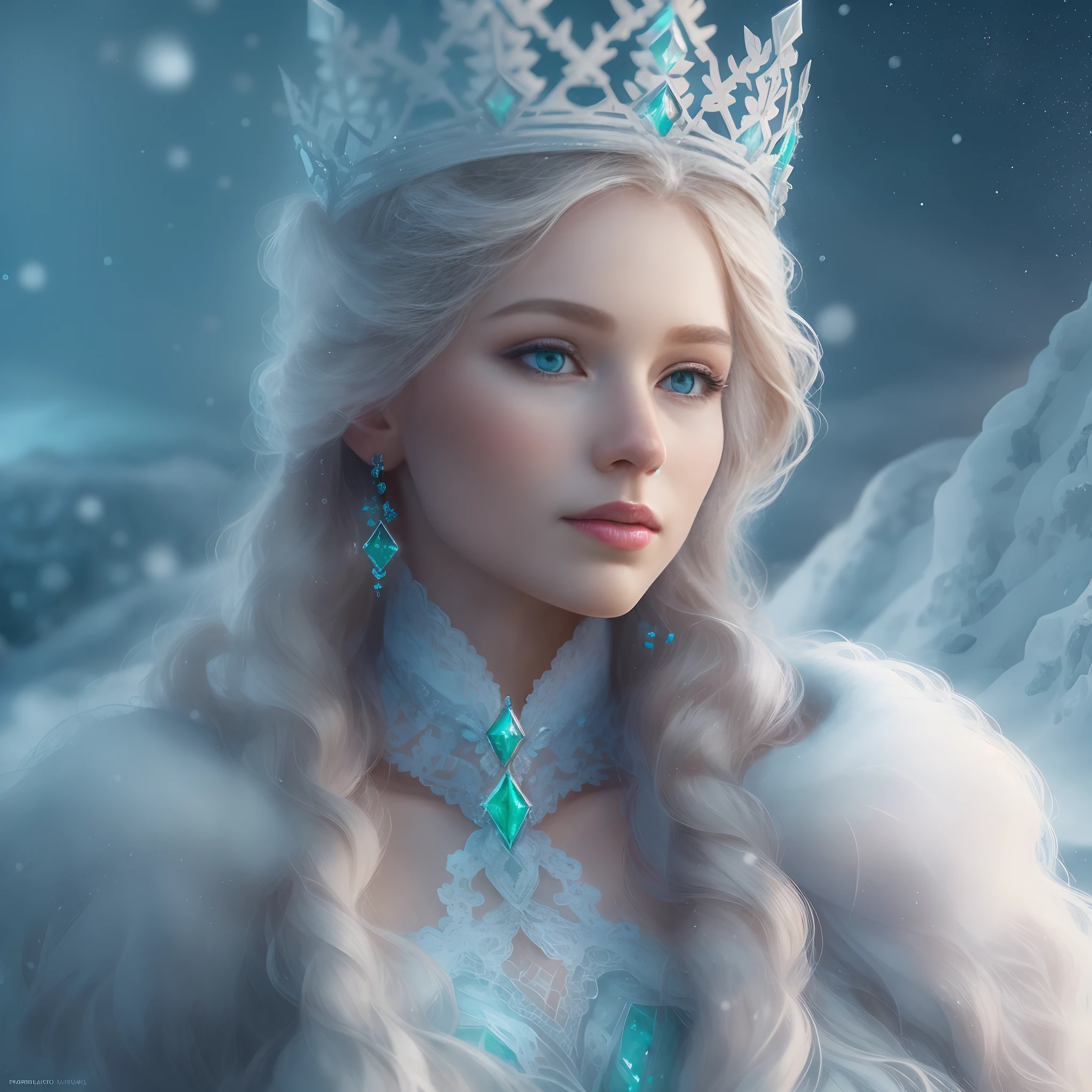 (Best quality,8K,Masterpiece:1.2),Ultra-detailed,Realistic:1.37,Portrait,Girl in winter wonderland,Porcelain skin Nordic princess,The Northern Lights cast a mesmerizing glow,prefect symmetrical face,intricately details,A crown of luxury,Emerald eyes sparkled,Showing energy and ferocity,Hair flows messily to the waist,Like the texture of silk,Elegant and elegant sculptural figure,A magical glow is infused throughout the image,Adobe illustration,Tranquil art station in Trondheim,High resolution female image,k hd,Cool and soft lighting,Blue and white color palette,Snow-capped Scandinavian mountains in the background