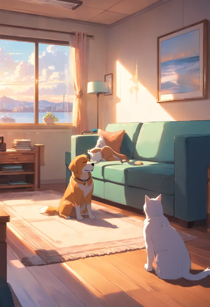 a room,Man and woman sitting on sofa,A large Alaskan dog lay on the ground looking at the two of them,A white cat stands on the windowsill