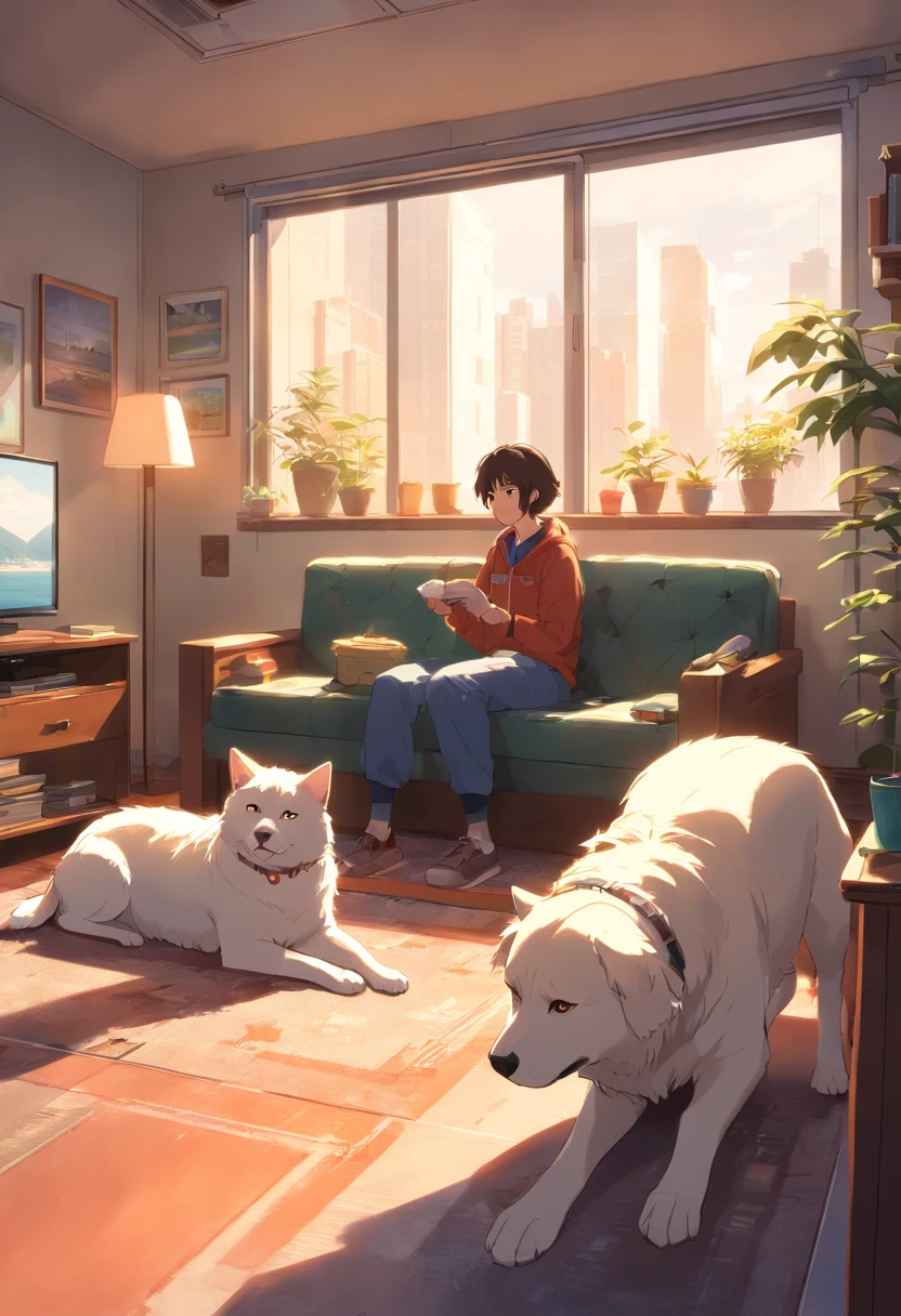 a room,Man and woman sitting on sofa,A large Alaskan dog lay on the ground looking at the two of them,A white cat stands on the windowsill