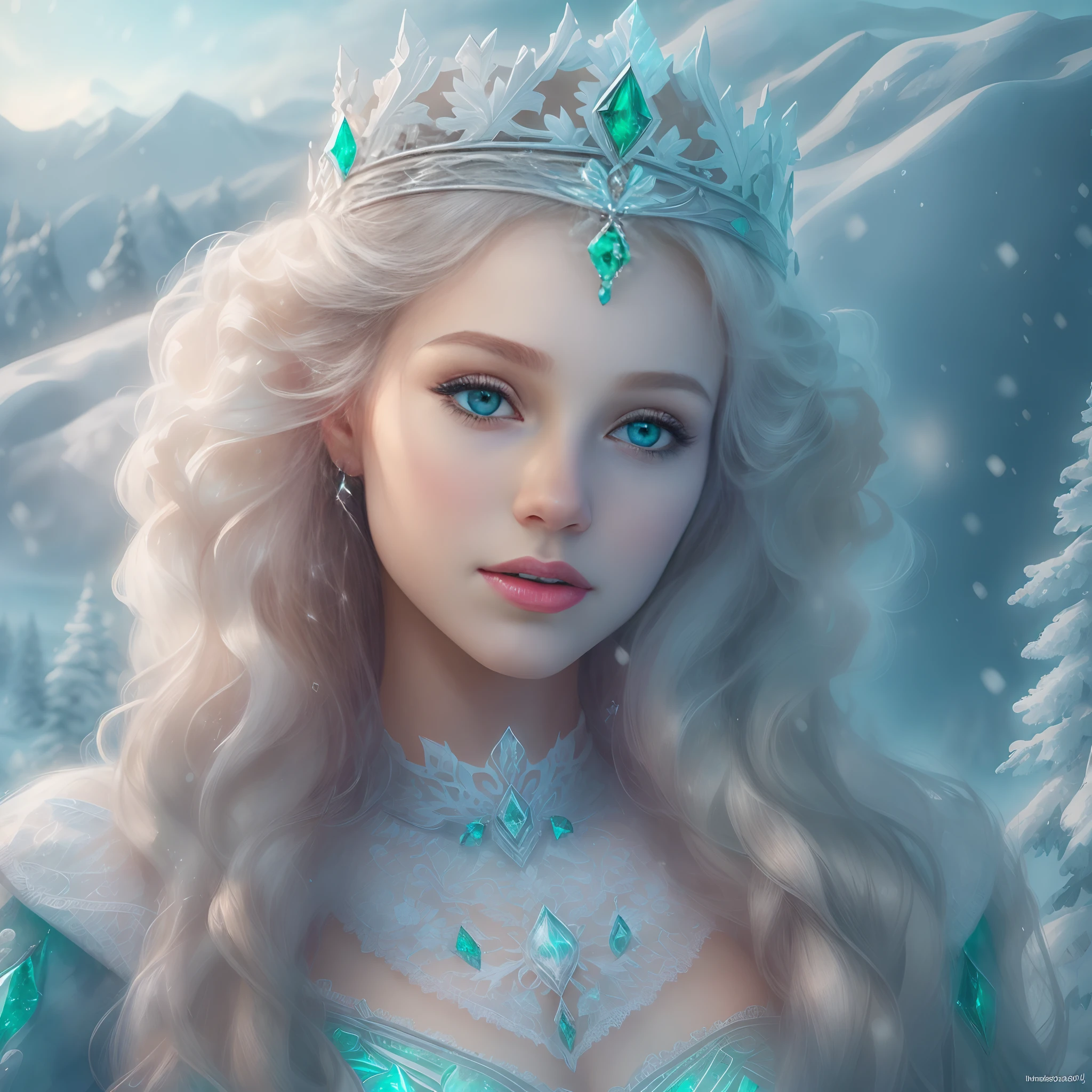 (Best quality,8K,Masterpiece:1.2),Ultra-detailed,Realistic:1.37,Portrait,Girl in winter wonderland,Porcelain skin Nordic princess,The Northern Lights cast a mesmerizing glow,prefect symmetrical face,intricately details,A crown of luxury,Emerald eyes sparkled,Showing energy and ferocity,Hair flows messily to the waist,Like the texture of silk,Elegant and elegant sculptural figure,A magical glow is infused throughout the image,Adobe illustration,Tranquil art station in Trondheim,High resolution female image,k hd,Cool and soft lighting,Blue and white color palette,Snow-capped Scandinavian mountains in the background