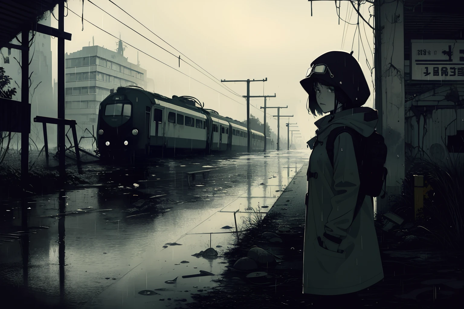masterpiece, best quality, 2girls, (closeup), 18yo teen, slim, small breast, walk knee-deep in water, sad, tired, dirty face, green raincoat, hoods on, goggles on head, (backpacks), military pants, heavy rain, downpour, flood, wasteland, abandoned train station, industrial ruins, grey, desolate, rain, dark, sketch