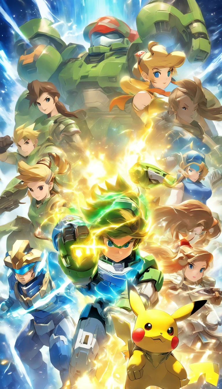 group portrait of video game characters, Master Chief, Mario, Pikachu, Sub Zero, Zelda, Chun Li, Lara Croft