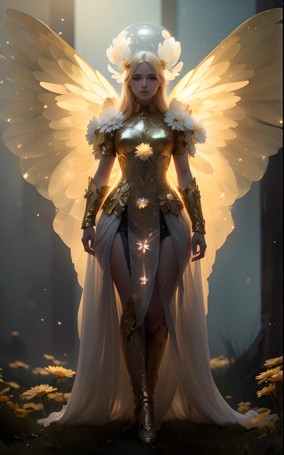in a golden transparent glass bubble, dark stary background, beautiful blond 30-years-old angel with daisy, 64k resolution hyperdetailed full body shot
