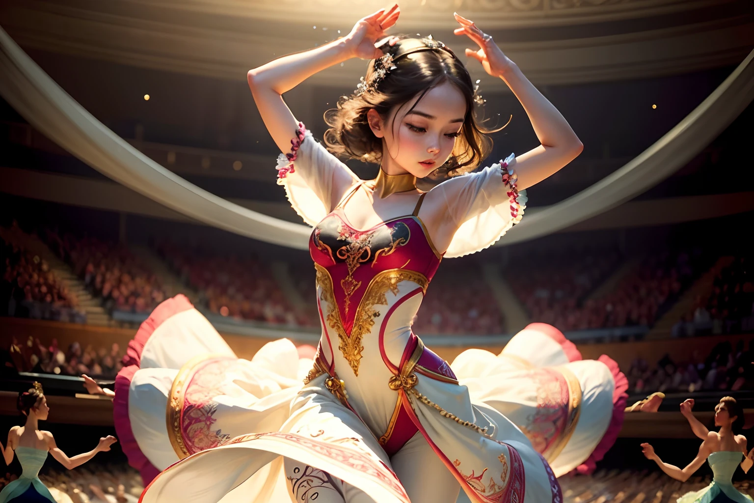 Produce an embroidery effect image of a graceful ballerina in mid-dance, capturing the fluidity and elegance of her movements with intricate threadwork."