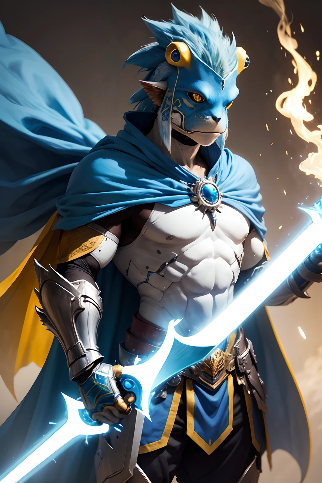 bipedal frog, long mohawk, blue color with yellow spots, hero armor, holding a master sword, flowing white cape