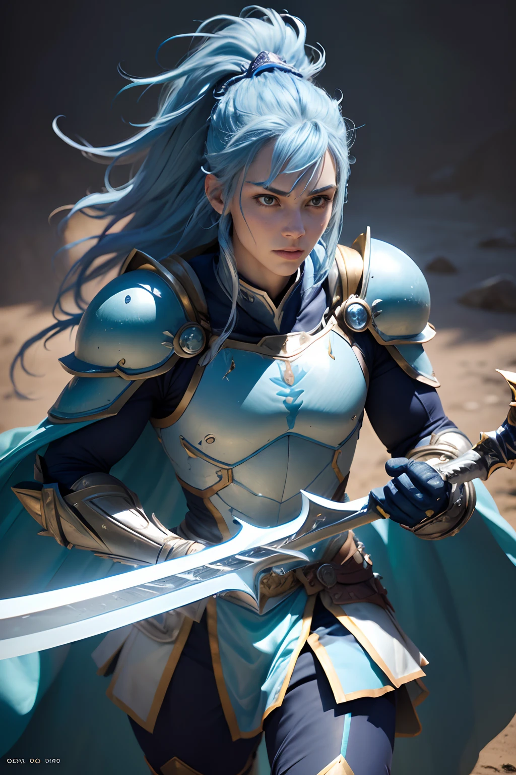 (bipedal frog,long mohawk,blue with yellow spots,hero armor,holding a master sword,flowing white cape),(best quality,4k,8k,highres,masterpiece:1.2),ultra-detailed,(realistic,photorealistic,photo-realistic:1.37),(vivid colors,sharp focus,professional),(portraits,landscape),(blue color tones, bright and vibrant colors),(soft diffused lighting, dramatic shadows)