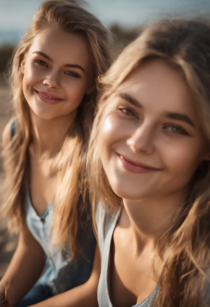 ((( 2 girls, 16 years old))) ultra realistic, cute smile, beautiful face, looking down