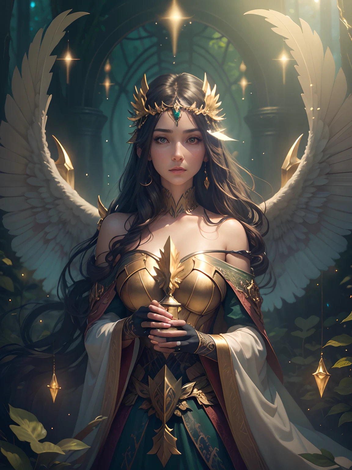 Guardian of the Enchanted Grovean armored woman with iridescent, wing-like pauldrons, standing tall amidst an ethereal grove of towering, luminescent mushrooms, the forest floor covered in sparkling dewdrops, a mystical aura emanating from her presence, the air filled with a soft, golden glow, captured through a hyper-realistic digital painting with a focus on intricate details and a seamless blend of natural and magical elements, rendered using a combination of Blender and Photoshop.