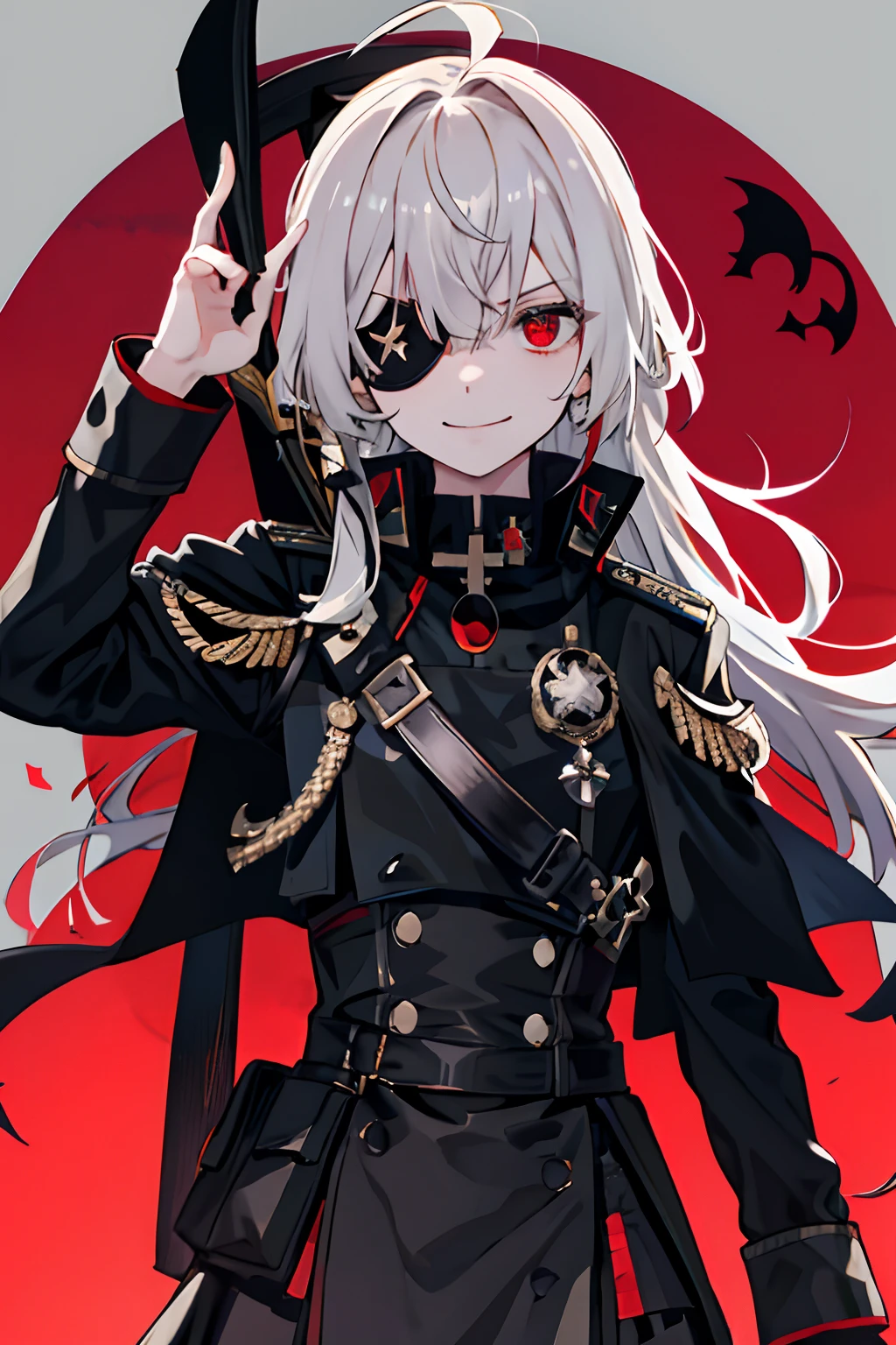 (masuter piece,top-quality:1.1), 1girl solo, ((Guillotine NIKKE)), 1girl in, 独奏, 小柄, flat-chest, Military, Black color military uniform, Black military cloak,long blonde hair,((Plain black eye patch on left eye)), an eye patch,German Cross on Collar,evil smile, Evil look, irate, red eyes, Neutral lighting,Red moon in the sky