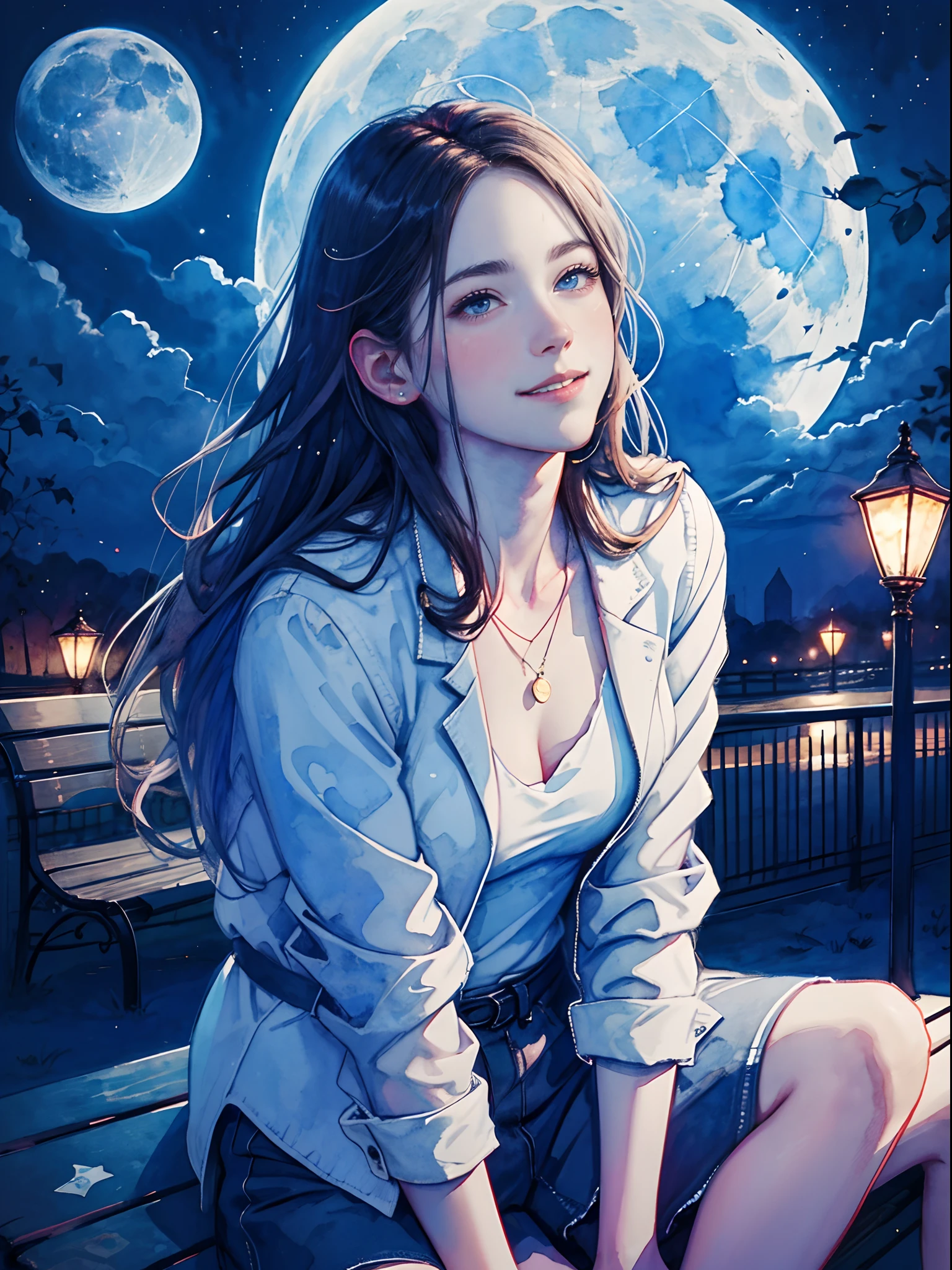 Highest quality, highest quality, (close up:1.3),masterpiece, ultra-high resolution, 8K, watercolor style, watercolor illustration,25yo, a woman sitting on a bench in a park looking at the moon, looking up from below, looking up at the moon, from the waist to the face, smile, slim, plain white blouse, gray jacket, miniskirt, sneakers, long brown hair blowing in the wind, night, park street light, blue moon of full moon, night park, susuki growing,watercolor \(medium\),watercolor