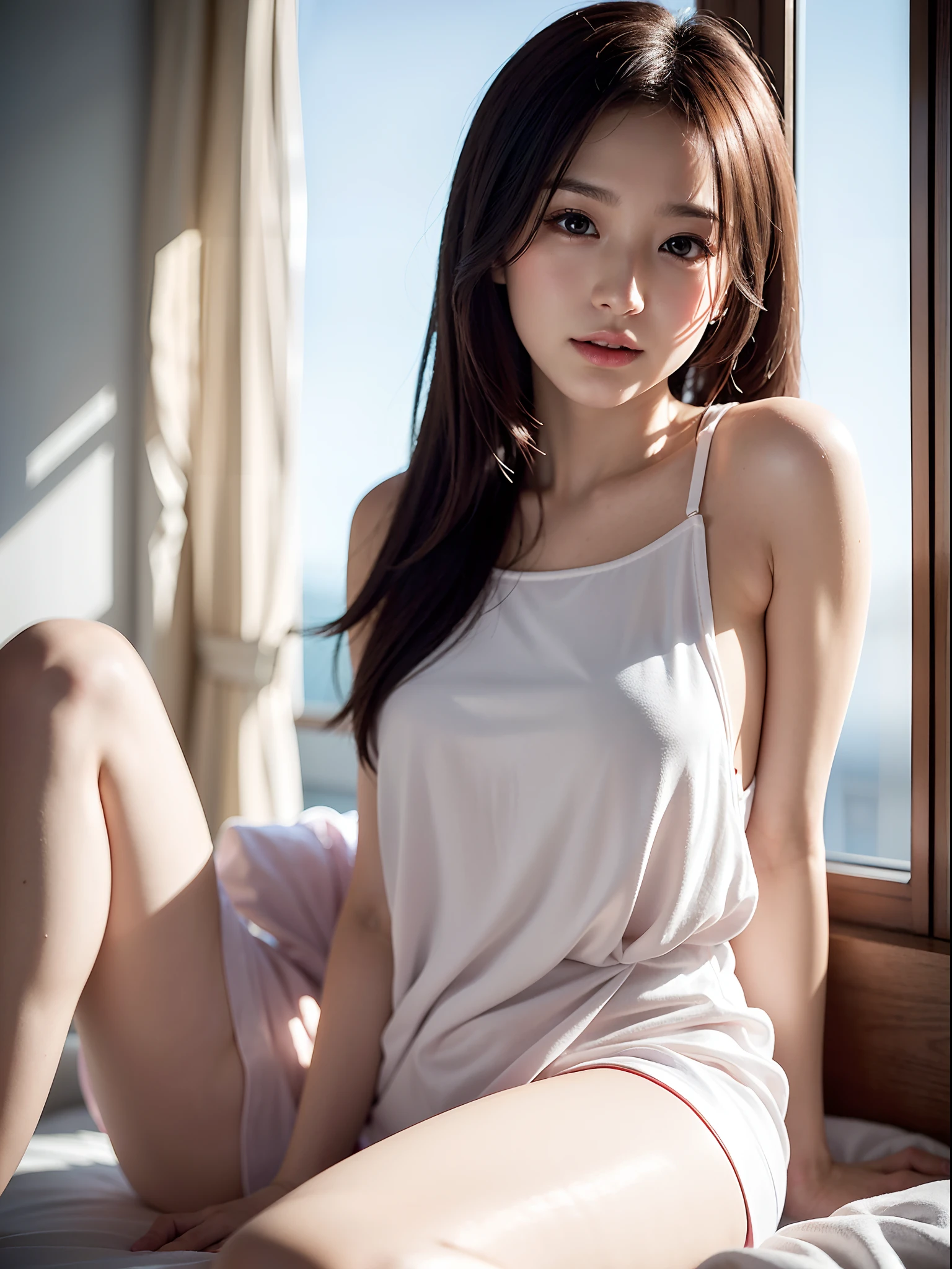 Innocent 、(Wearing pajamas)、Sitting in the room、A Smile、Raw foto, (8K、Top Quality、masterpiece:1.2)、(delicate detail:1.4)、(Photorealcitic:1.4)、octan render、Complex 3D rendering, Ultra-detail, Studio Soft Light (Studio Soft Light) (Studio Soft Light (Studio Soft Light)), Rim Light, vibrant details, Super detailing, Realistic Skin Textures, Detail Face, Beautiful detail eyes, Highly detailed CG Unity 16k wallpapers, Makeup-, (detailed background:1.2), shinny skin、turned around、exposed thighs!!!、