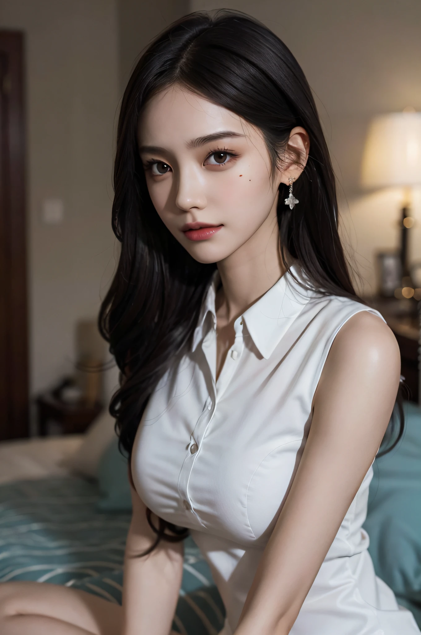 (very huge round breasts:1.4), (perfect anatomy, whole body), (sleeveless collared shirt dress:1.2), RAW photo, extremely delicate and beautiful, masterpiece, Best Quality, ultra high resolution, 16k, hyperrealistic, ultra-detailed, Very detailed CG 8k wallpaper, Beautiful Lighting, Perfect Lightning, Realistic Shadows, super Detailed shiny skin, perfect figure, Japanese woman, late 20s, Slim body, Slim abdomen, very small head, handsome detailed woman, very detailed eyes and face, realistic face proportions, Stunning detailed eyes, Realistic beautiful face, very small face, Realistic small beautiful eyes, double eyelids, makeup, tearful mole, mole on chest, earring, very short wavy hair, (cleavage:0.5), bare legs, (Soft midriff, Fine Collarbone:0.5), beautiful and very thin legs, beautiful and very thin thighs, (off-shoulder:0.5), narrow waist
