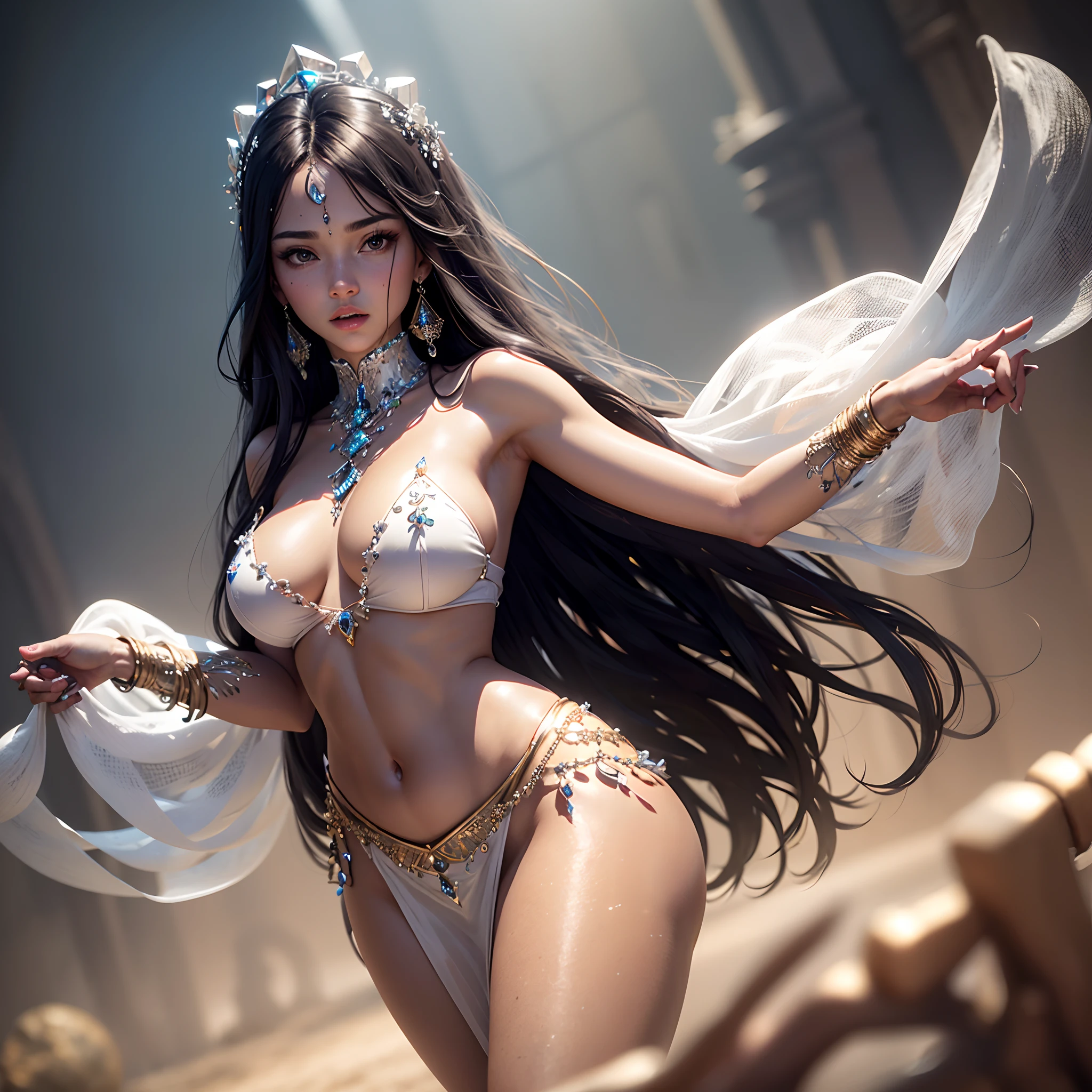 xuner,(ultra high res,photorealistic,realistic,best quality,photo-realistic),3d, (crystalstexture skin:1.2), (extremely delicate and beautiful),(natural lighting), 1girl,jewelry,long hair, black hair, looking at viewer, earrings, white skin, soft lighting, absurdres,shiny skin, hair ornament, large breasts
