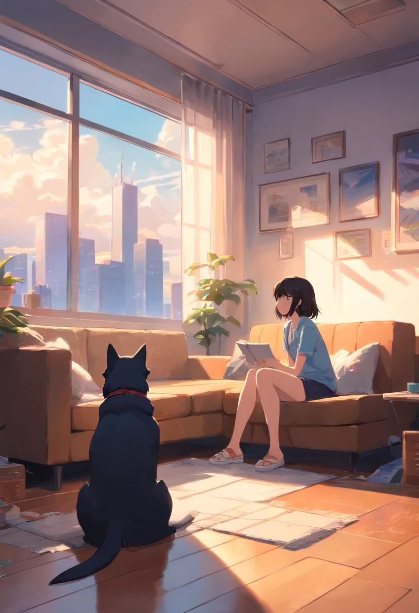 a room,mtu,woman,sitting in the couch,A black and white Alaska dog lay on the ground looking at the two of them,A white cat stands on the windowsill