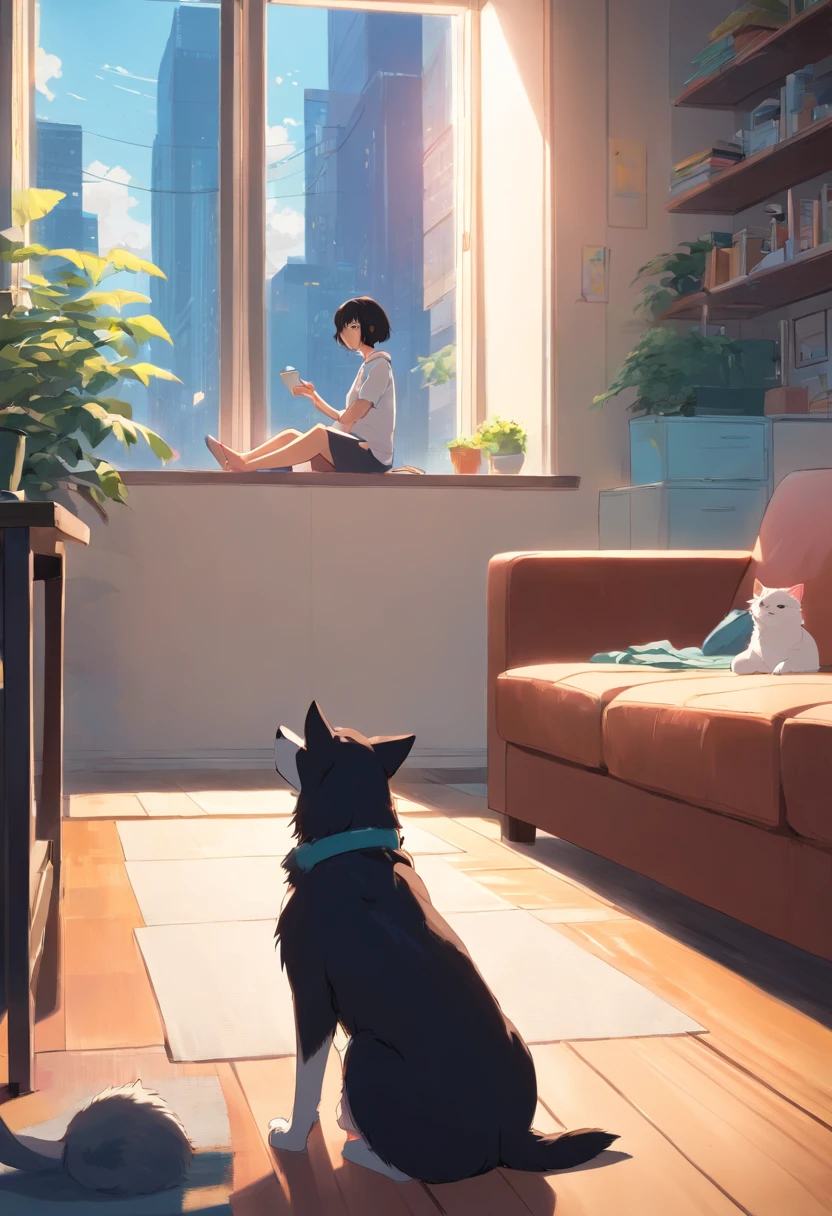 a room，mtu，woman，sitting in the couch，A black and white Alaska dog lay on the ground looking at the two of them，A white cat stands on the windowsill