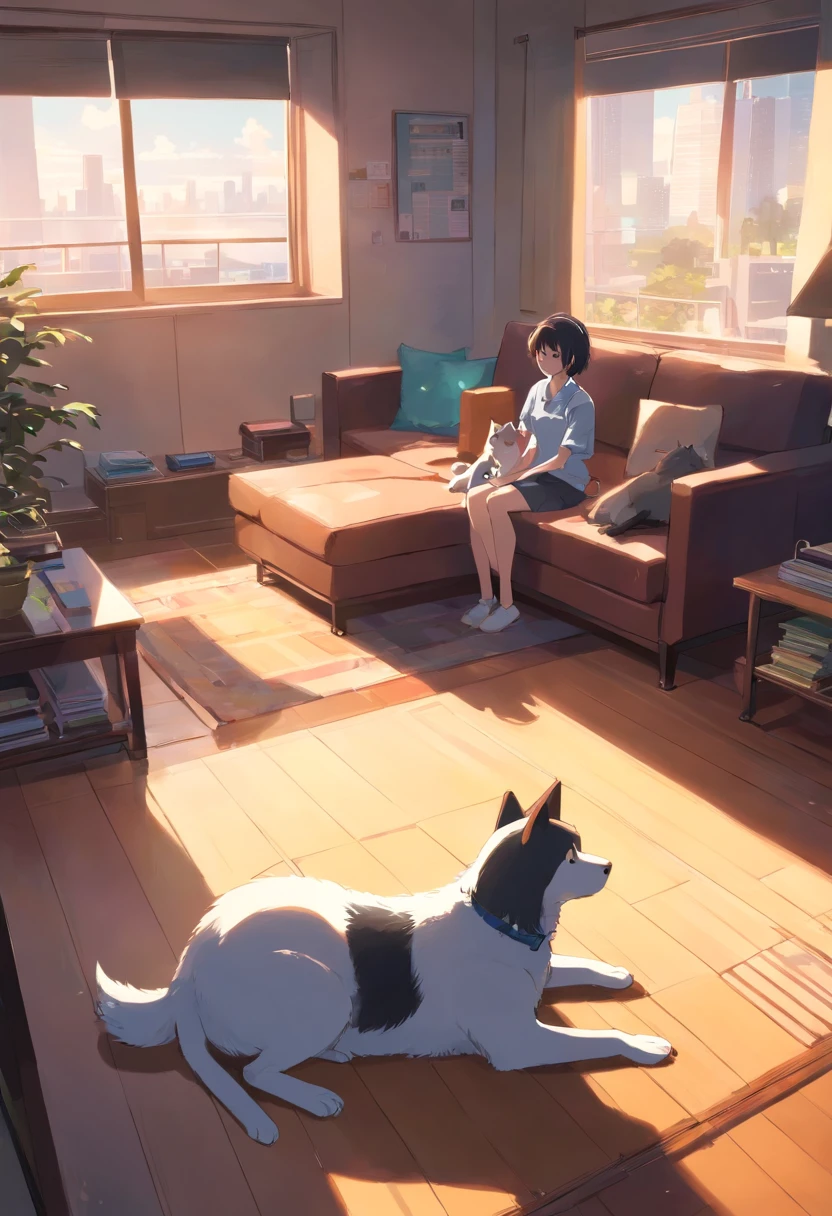 a room，mtu，woman，sitting in the couch，A black and white Alaska dog lay on the ground looking at the two of them，A white cat stands on the windowsill