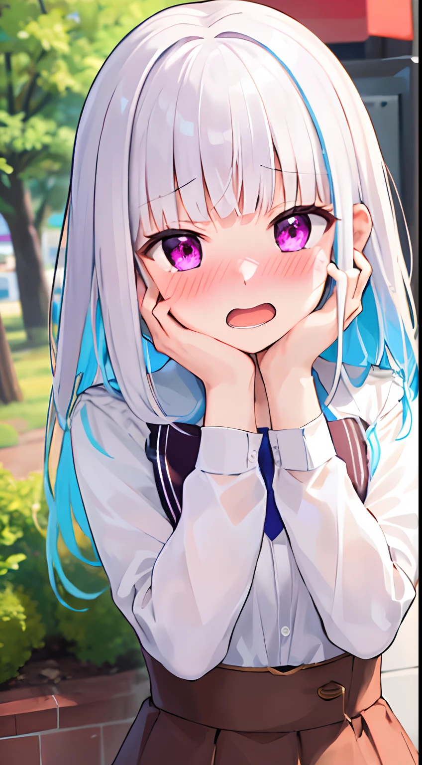 masterpiece, top quality, high resolution, 1girl, straight-on, upper body, solo, open mouth, embarrassed, blush, white blouse, mini skirt, red cheeks, lineart, outdoor, blush, open mouth, embarrassed, hands on own face, ear blush, covering face, looking at viewer