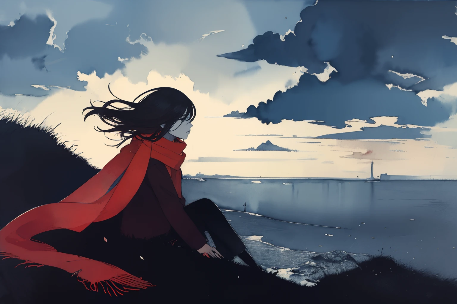 masterpiece, best quality, 1girl, side view, red scarf on wind, sad, tired, sitting on a cliff, stormy clouds, desolate, dark, watercolor, sketch