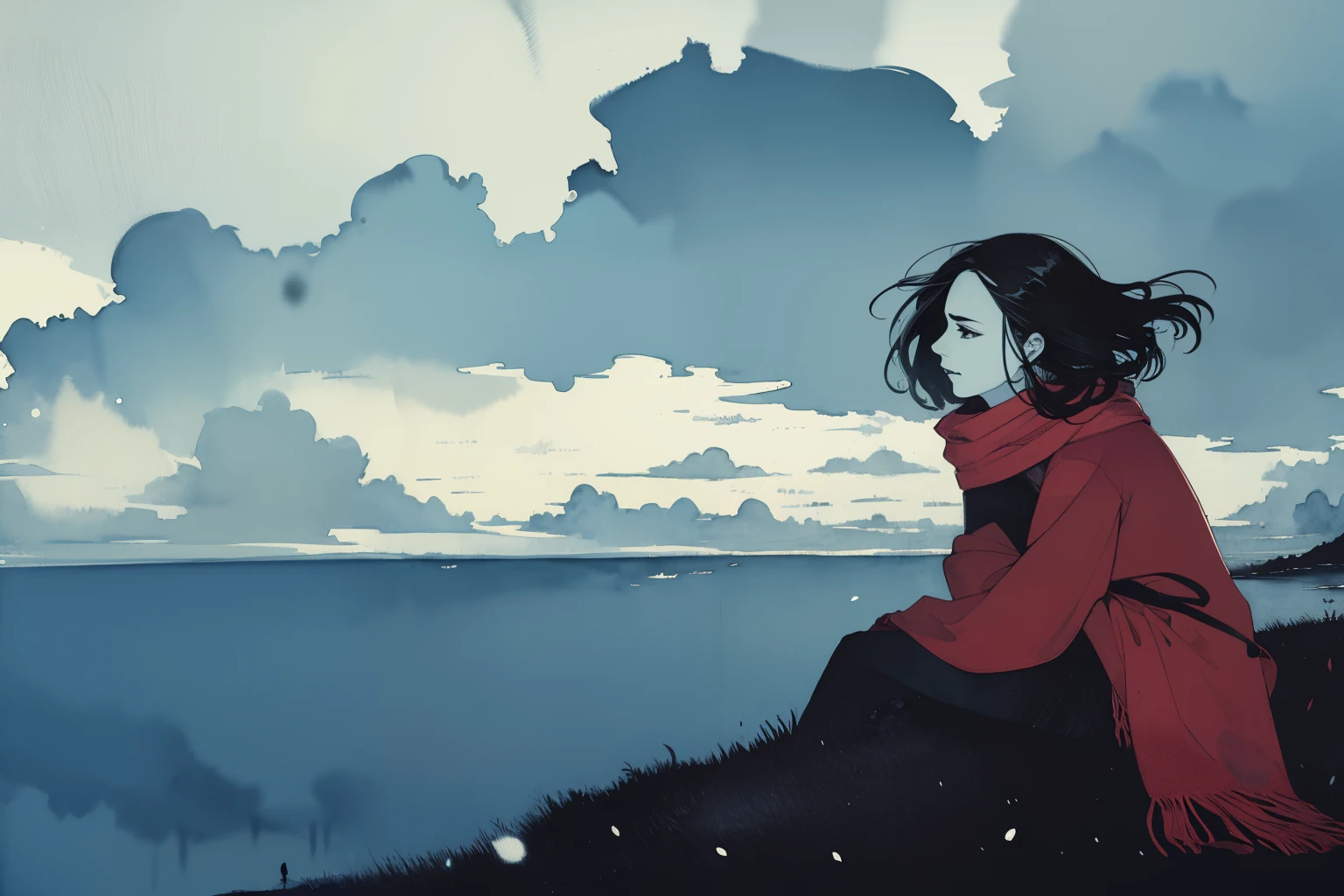 masterpiece, best quality, 1girl, side view, red scarf on wind, sad, tired, sitting on a cliff, stormy clouds, desolate, dark, watercolor, sketch