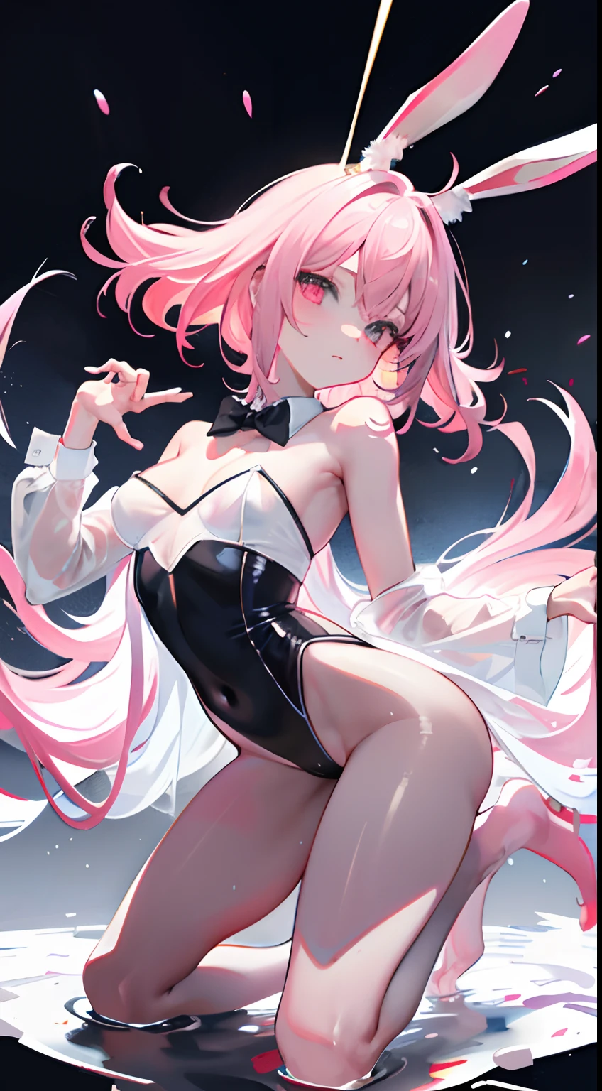 opening legs，Bunny ears，No underwear， the feet，is shy，Kneeling face forward，Exposed genitals，clear liquid，Bigchest，Black fully transparent panties，soaking wet，A pink-haired，Back shadow