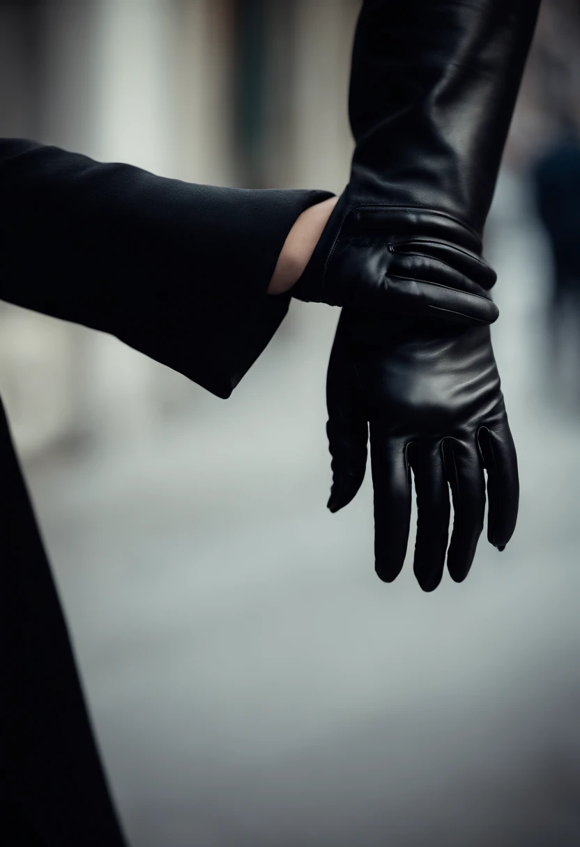 From the other side of the darkness, a woman's hand with black suit sleeves and black leather gloves