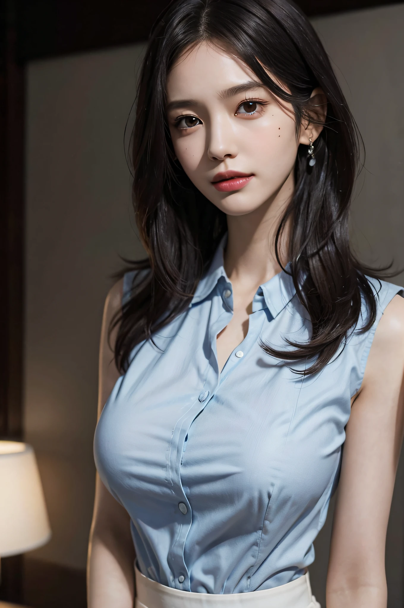 (((オフィスレディ、OL、office lady、formal clothes、navy vest,navy blouse)))、(((navy blouse)))、 (((horseshoe-shaped hairband)))、sexy,formal ,vivid color panty,high heel、(((full body,including legs)))、Dressed up、(Photo real:1.4)、(A hyper-realistic:1.4)、(Photorealistic:1.3)、 (gentle lighting: 1.05)、(Improve the lighting quality of your video:0.9)、32 k、 1Girl、25years old girl、photorealistic lighting、Back lighting、Facial Lights、Ray Trace、(bright:1.2)、(Increase quality:1.4)、 (best quality real texture skin)、Fair eyes,Delicate and delicate face、 (tired and sleepy and satisfied : 0.0), Close-up of the face, navy blouse [button gap :1.5],very tight navy blouse ,((([see-through blouse:1.5], {stands out nipples、covered nipples ))),sleeveless blouse,no-sleeve blouse,navy mini skirt , (Bodyline mood improvement:1.1)、Glossy skin、wavy hair,pornostar、韓国アイドル、乃木坂アイドル、Sculptural Idol Pose、little smile,blush,Beautiful actress、Neat woman,whole body, large breasts,(perfect row of teeth),slender waist and hip,beautiful long legs,(full shot)、((8heads tall)、(((誘惑している、恥ずかしい))),(eye shadow),(red cheek、red lips),Super Clean Night View、night time、blush,little smile,(((full shot)))、(((dynamic pose,gravure pose))),(((in the luxury night office)))