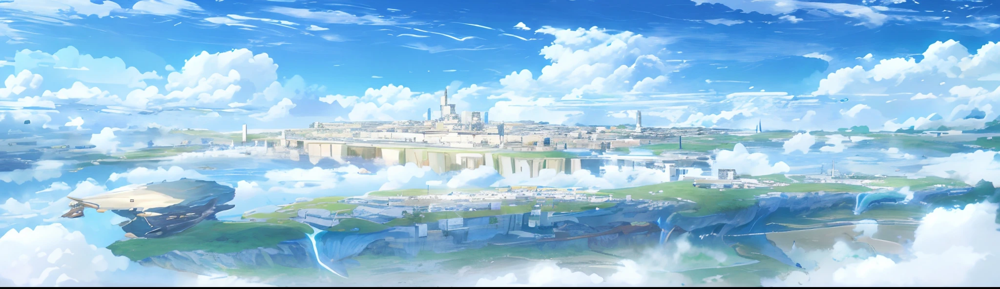 Cenas de anime de uma cidade cercada por nuvens e rios, arte conceitual de paisagem anime, floating city in the sky, Makoto Shinkai!, Cidade flutuante nas nuvens, Estilo de Makoto Shinkai, Makoto Shinkai. —h 2160, Makoto Shinkai!!, ( ( Makoto Shinkai ) ), beautiful anime scenery, Shinkai sinceramente