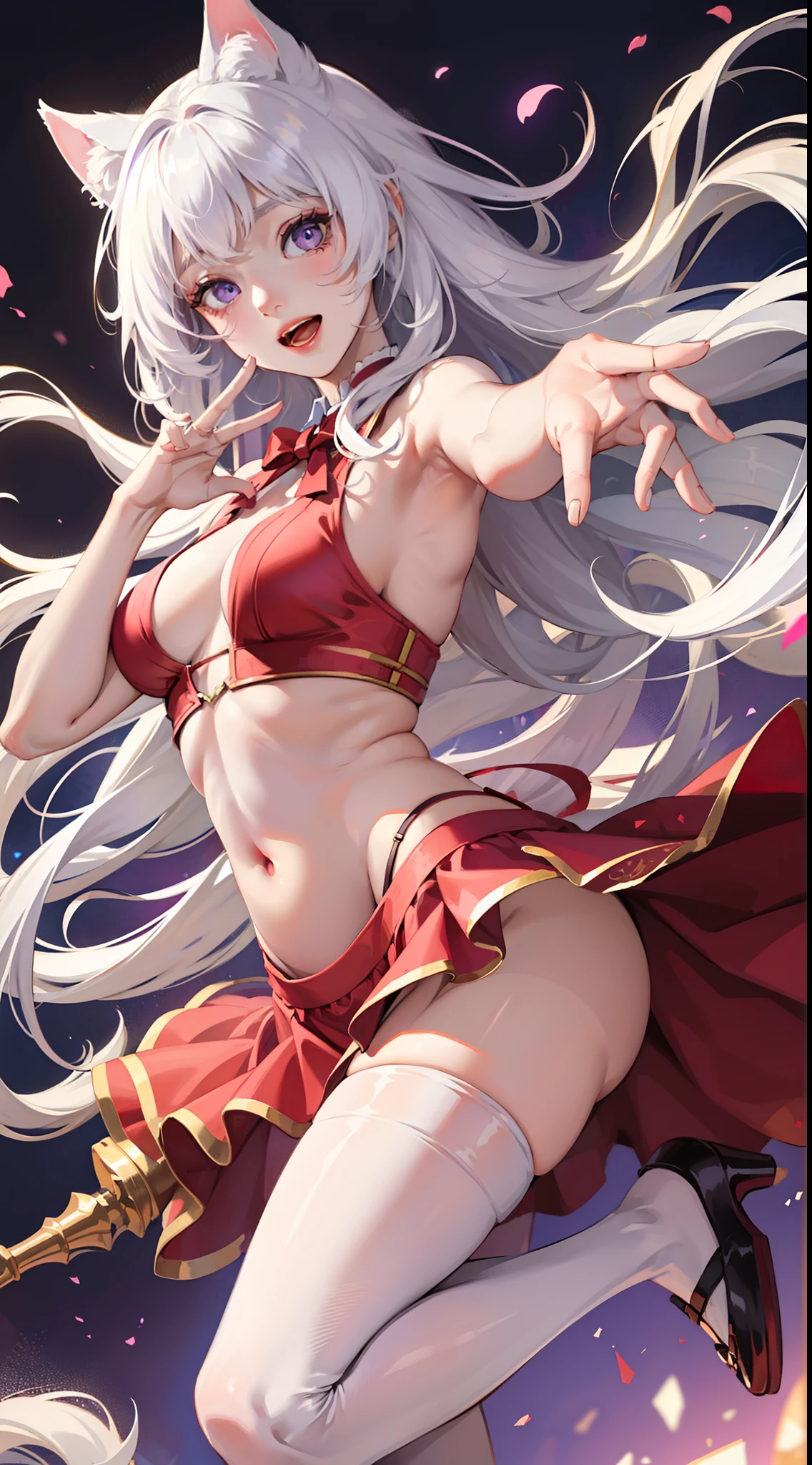 young girl, Long white hair, cat ears, violet eyes, red translucent blouse, Upskirt, Sleeveless, open belly, Smile, open mouth, Masterpiece, hiquality, 4k, HD, Good detail