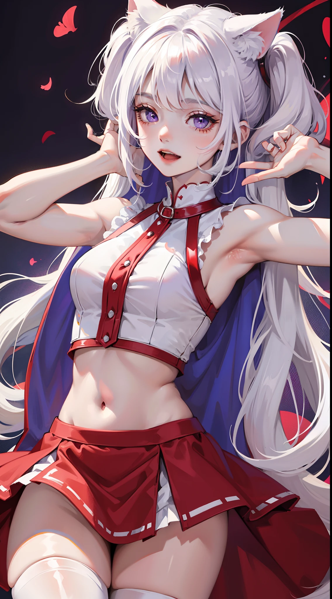 young girl, Long white hair, cat ears, violet eyes, red translucent blouse, Upskirt, Sleeveless, open belly, Smile, open mouth, Masterpiece, hiquality, 4k, HD, Good detail