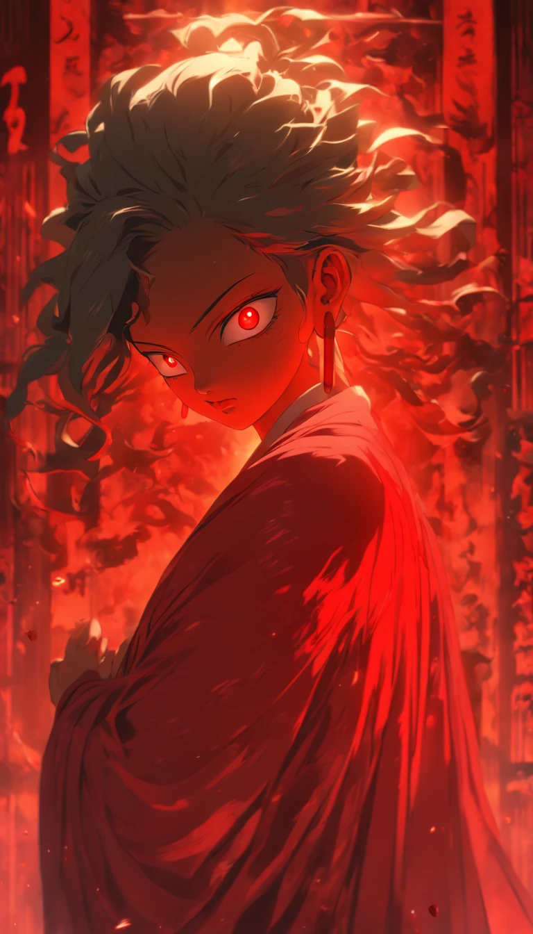 Blood red room, Flashing white TV screen, BUDDHA STATUE, cabelos preto e longos, with hair dishevelled, Cover one eye and face, Bright red eyes, Wearing a white transparent robe, Looming full breasts,liquor,Devil, reaching out her hands,Straighten your body, Red nails are exposed, Pinch the camera, hyper HD, Anatomically correct, Textured skin, Super detail, High details, High quality, A high resolution, 8K, hyper HD, Anatomically correct, Textured skin, Super detail, High details, High quality, Best quality, 8K,Leishnampo,Room 2,Horror