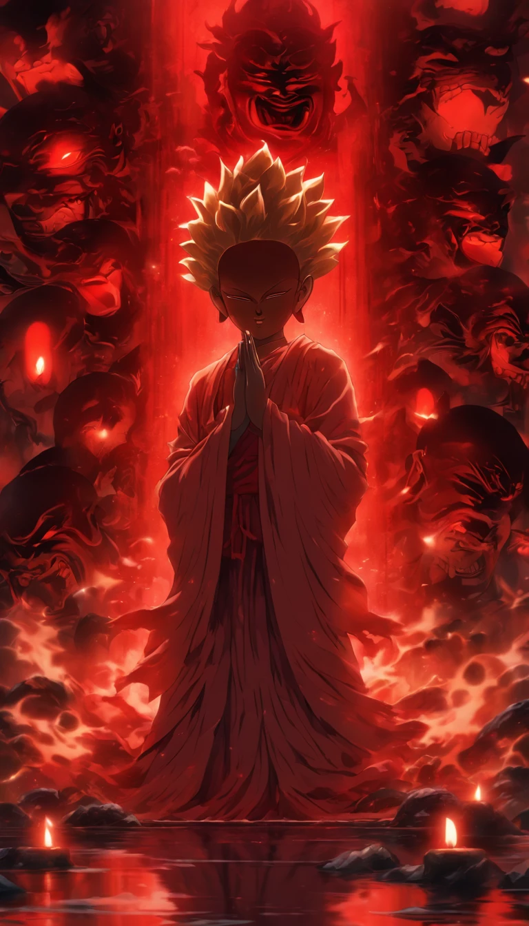 Blood red room, Flashing white TV screen, BUDDHA STATUE, cabelos preto e longos, with hair dishevelled, Cover one eye and face, Bright red eyes, Wearing a white transparent robe, Looming full breasts,liquor,Devil， reaching out her hands，Straighten your body, Red nails are exposed, Pinch the camera, hyper HD, Anatomically correct, Textured skin, Super detail, High details, High quality, A high resolution, 8K, hyper HD, Anatomically correct, Textured skin, Super detail, High details, High quality, Best quality, 8K,Leishnampo,Room 2,Horror
