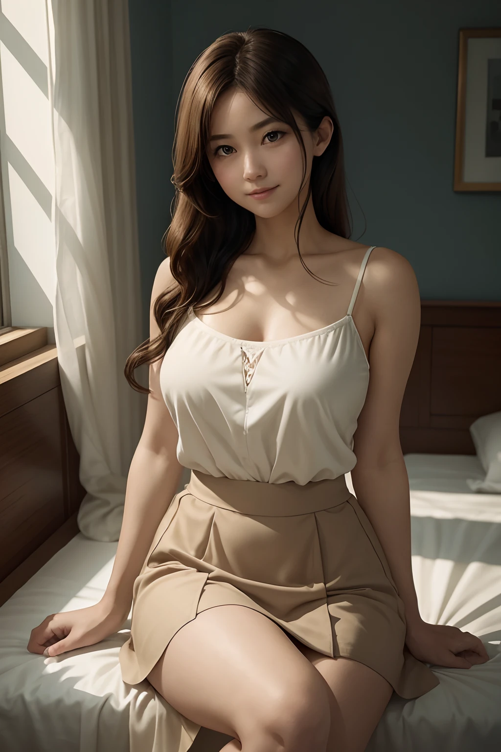 Top quality, an illustration in the style of a light novel. Draw with a detailed touch. a beautiful and refined lady, age 35, camisole that enhances her healthy well-proportioned body shape, knee-length skirt, sitting on a bed with her hands behind her head, in dimly lit high floor guest room. smirking, flushed, three-quarter shot, diffused sunlight, depth of field