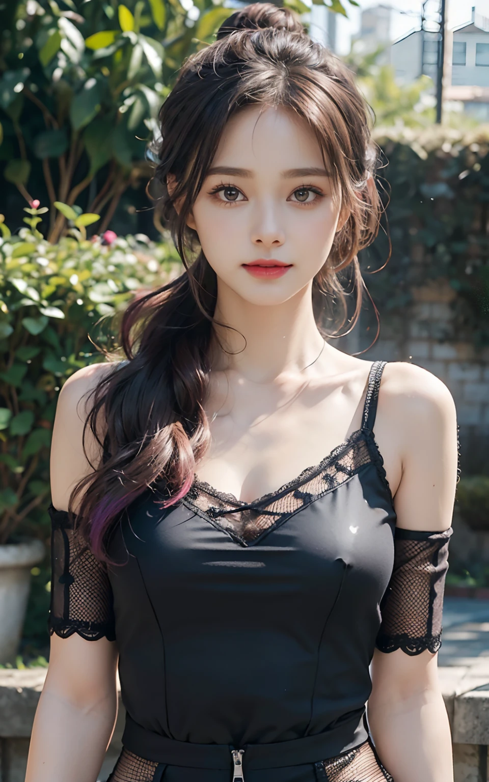 (Big breasts, 18 years old, Very small head), Daylight, Sunlight, (Perfect body : 1.1), (short wavy hair:1.2, dark brown hair, Pink and blue mesh hair, Thin mesh, half updo), ((Full body shot)), (sports wear), (Very detailed CG 8k wallpaper), (extremely delicate and beautiful), (masutepiece), (Best Quality:1.0), (超A high resolution:1.0), (realisitic), Realistic Shadows, (High resolution), Detailed skin, Ultra-detailed, Slim body, (Beautiful hair, Real Hair, detailed hairs), Fine Collarbone, blush, Photorealistic, Realistic face, Realistic eyes, Small eyes, Happy smile, (((Colorful))), (eye liner), (mascara), (eye shadow),