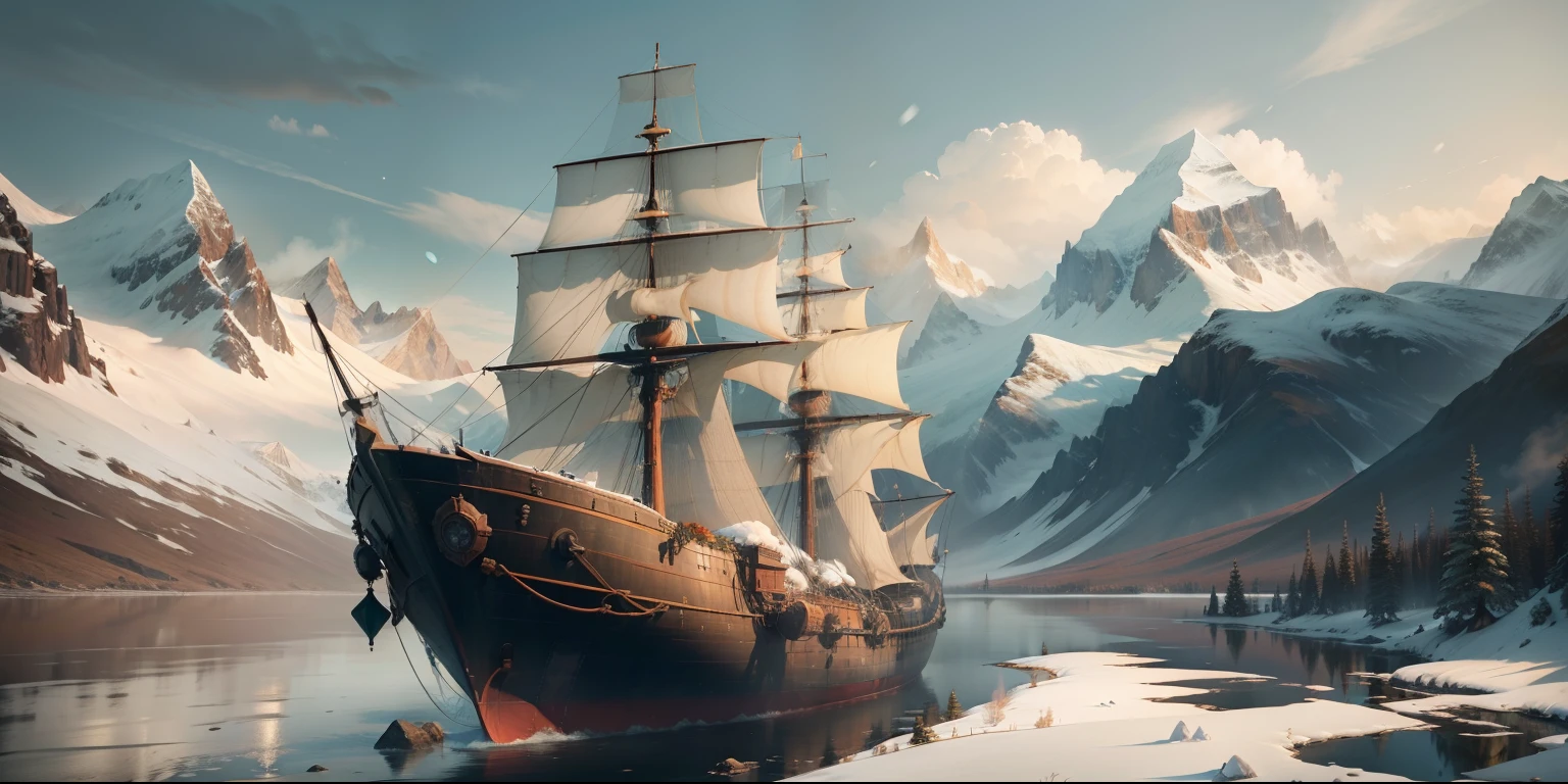 Exterior of a swamp ship for carrying large cargo, tundra background,there are snow-capped mountains in the distance, digital photograph, rendering, at full size, The right shape, Realistic view, very high detail, foco nítido, Shooting with a DSLR, 16k, Full-HD,Land is not displayed