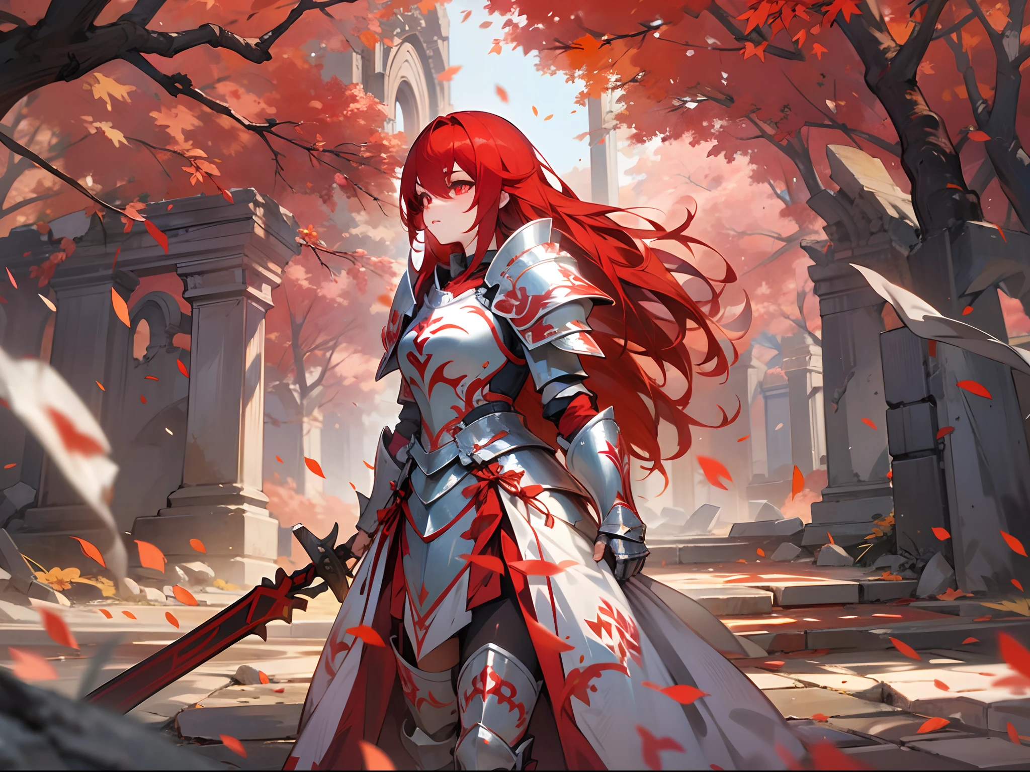 [Anime 1.5], [Warrior 1.5], A female knight wearing battle armor, crimson hair, bright red glowing eyes, UHD, HDR, highly detailed artwork, walking alone, 1girl, red and white armor, maple trees, ((ancient ruins))