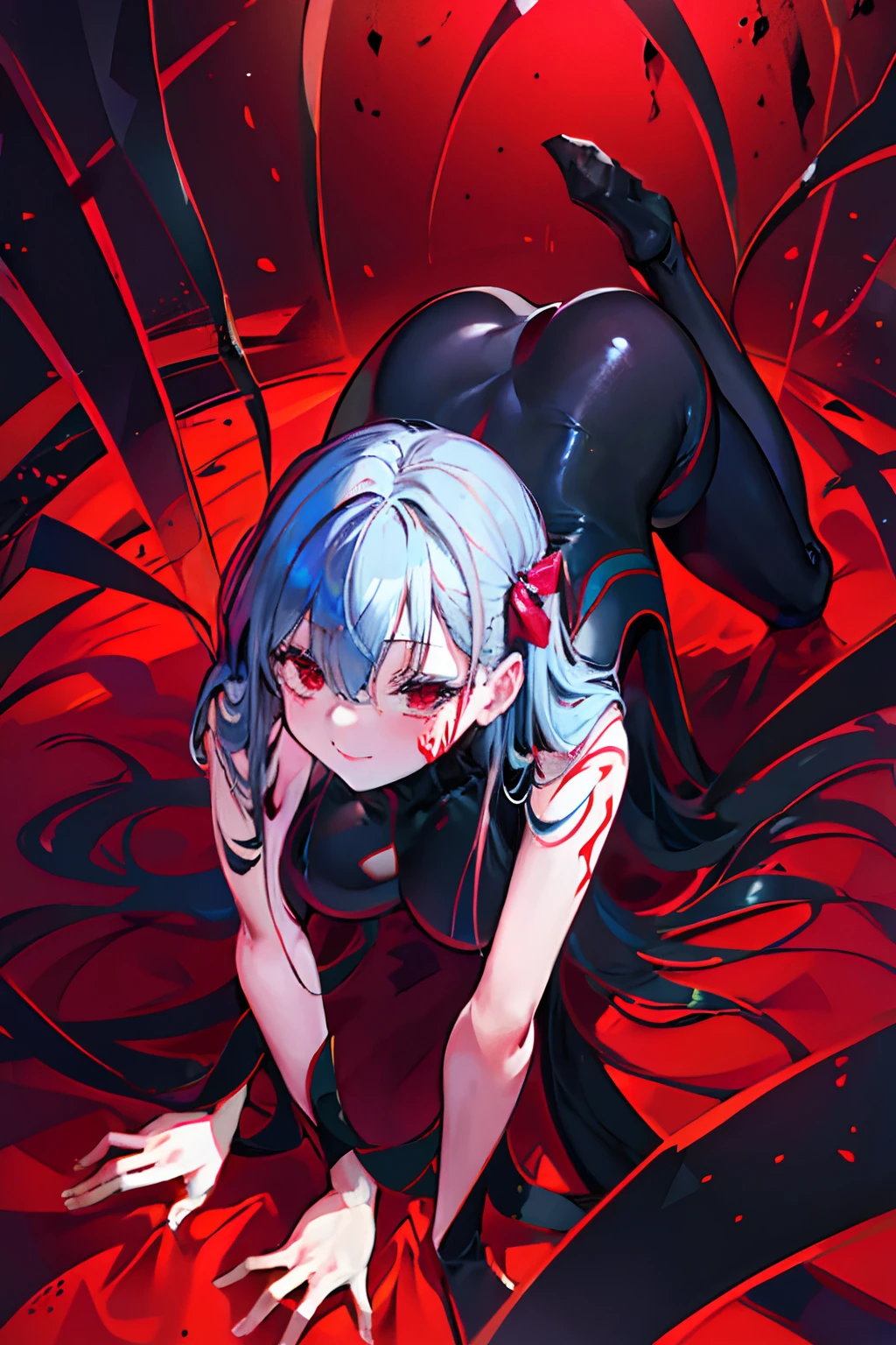 Black full body suit Red lines all over the body 3 girl seductiv a smile succubus Lying face down