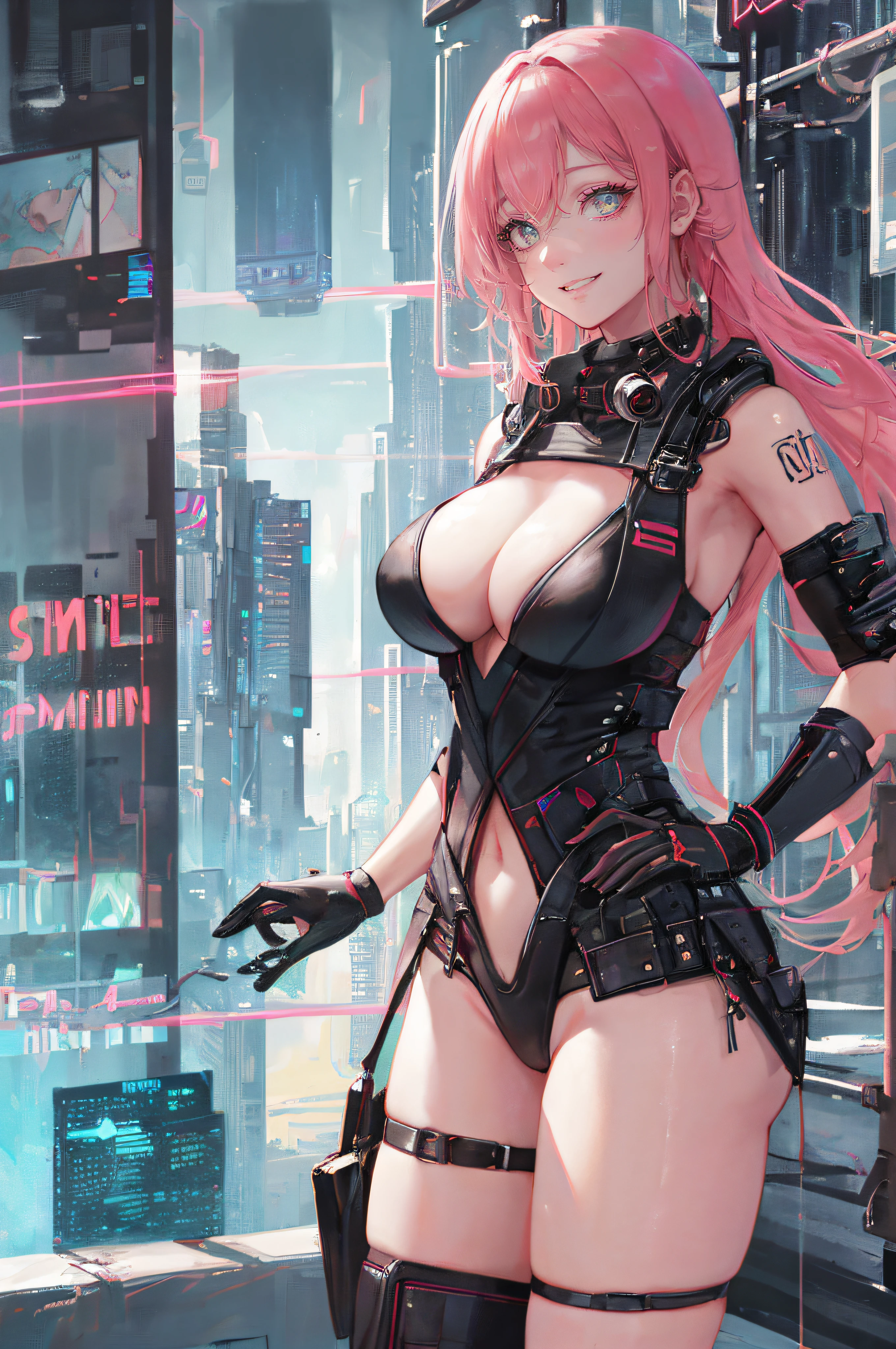 ((Sexy and beautiful female ninja)), ((22-year-old beauty)), ((beautiful and cool smile)), ((colorful long hair)), ((pink and black outfit) ), (( Rich bust)), ((gradient eyes)), ((background is a cyberpunk city)), fascinating makeup, single view, NFFSW, UHD, retina, masterpiece, accurate, anatomically, scientifically correct, Textured skin, super detail, high detail, high quality, award winning, top quality, high resolution, 1080P, HD, 4K, 8k, 16k