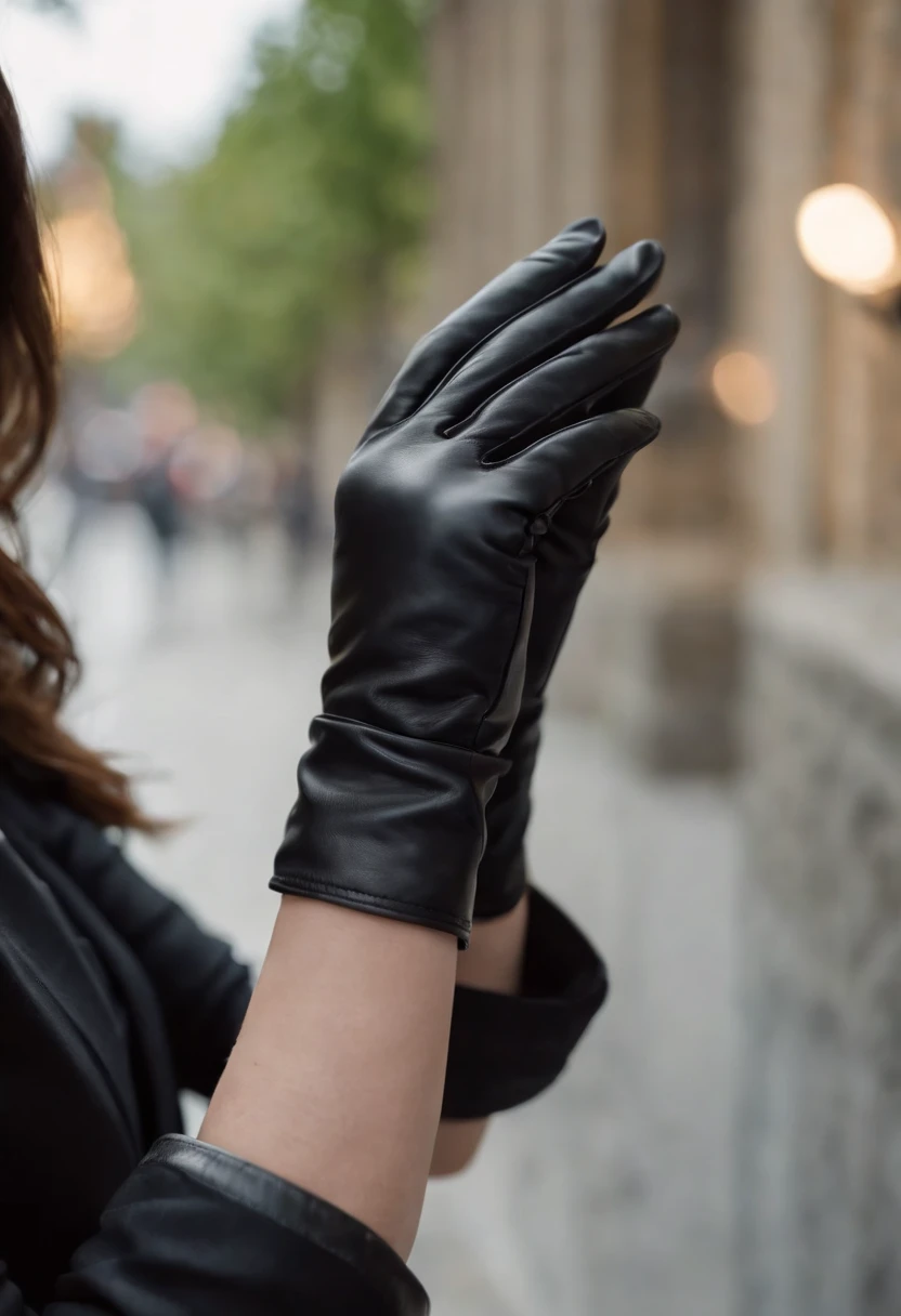 From the other side of the darkness, a woman's hand with black suit sleeves and black leather gloves