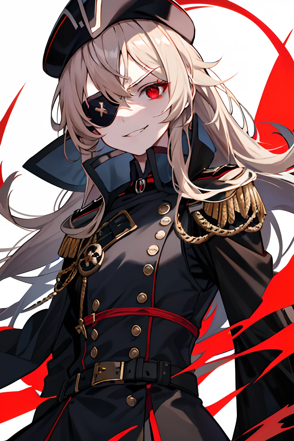(masuter piece,top-quality:1.1), 1girl solo, ((Guillotine NIKKE)), 1girl in, 独奏, 小柄, flat-chest, Military, Black color military uniform, Black military cloak,long blonde hair,((Plain black eye patch on left eye)), an eye patch,German Cross on Collar,evil smile, Evil look, irate, red eyes, Neutral lighting,Red moon in the sky,No cap