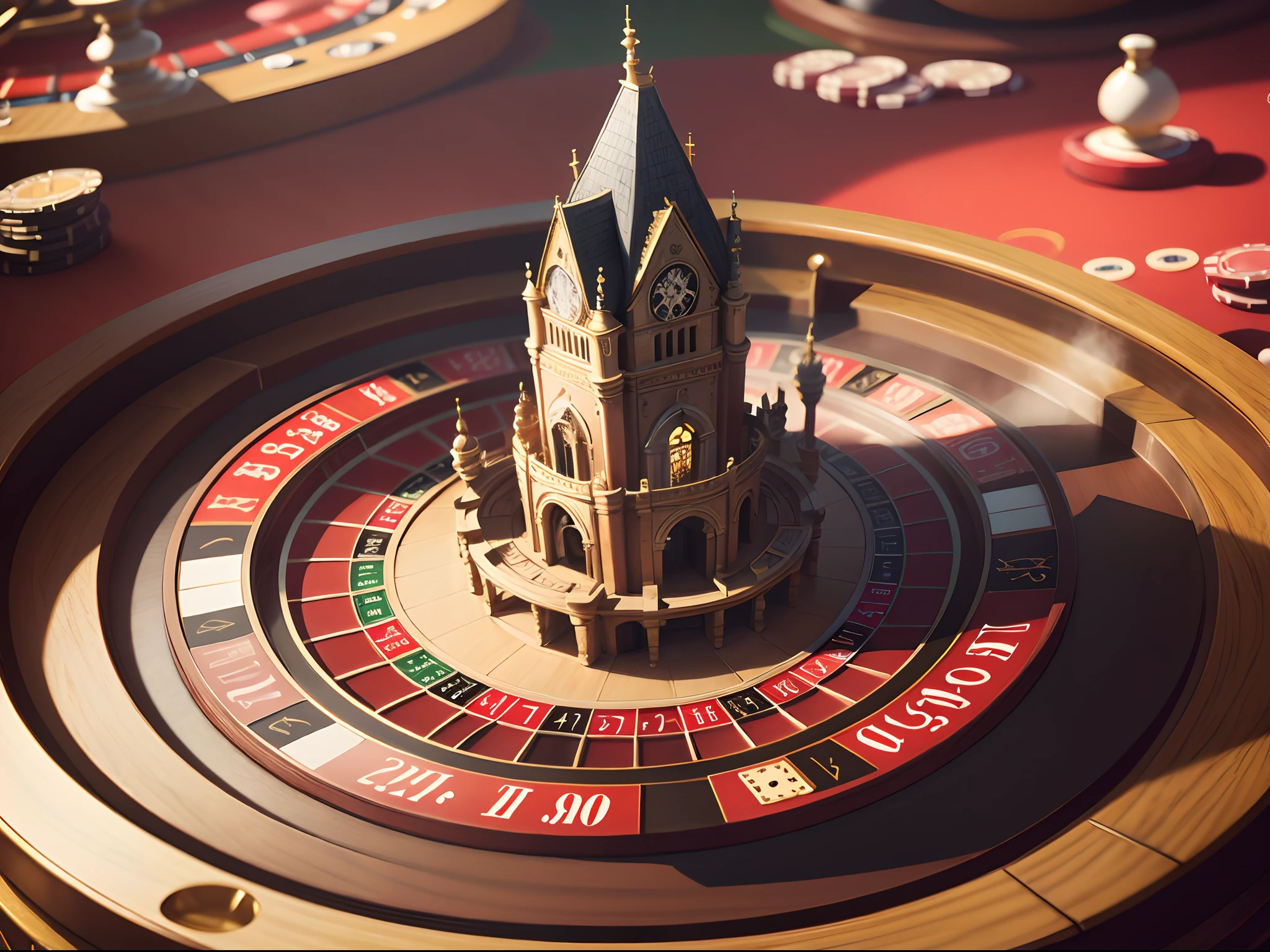 (masterpiece, best quality), best resolution, tiny castle in the center of a huge roulette wheel, casino table