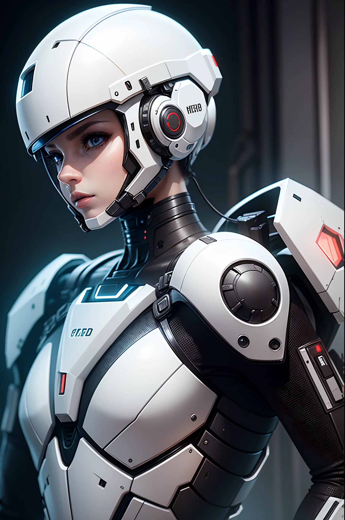 A realistic white combat Android in an advanced cybernetic suit, with cyberpunk helmet and technological visor.