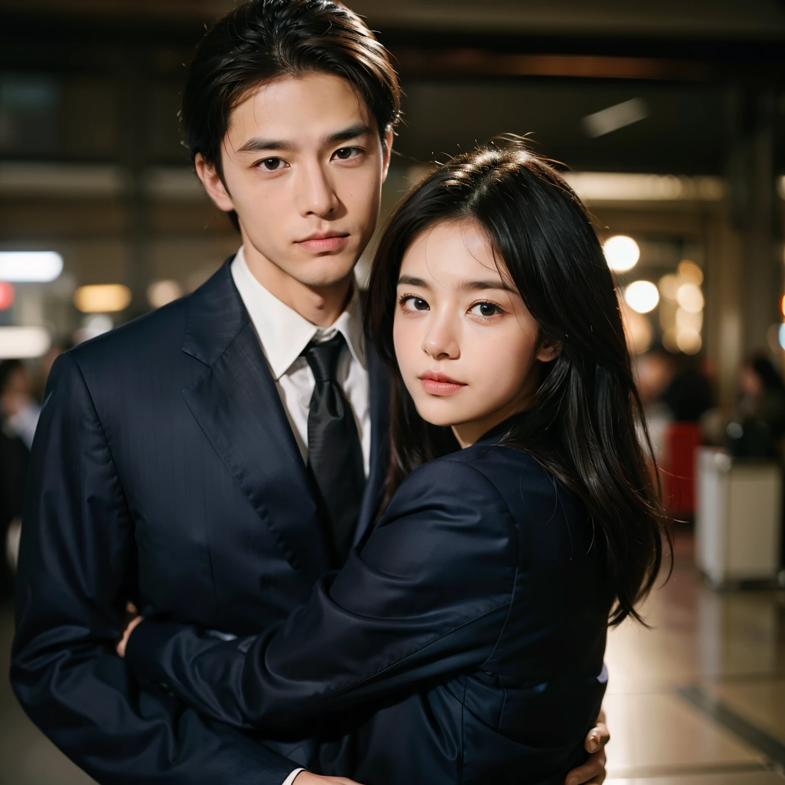 (Best Quality:1.2, Photorealistic:1.4, masutepiece:1.2), Kodak Portra 400 Film, Boy hugging a girl, The face of a man lying to a woman、25-years old、Wearing a suit, (Focus on the face:1.3), Stand staring at the viewer, With a slightly condescending look, Show off a sweet attitude.