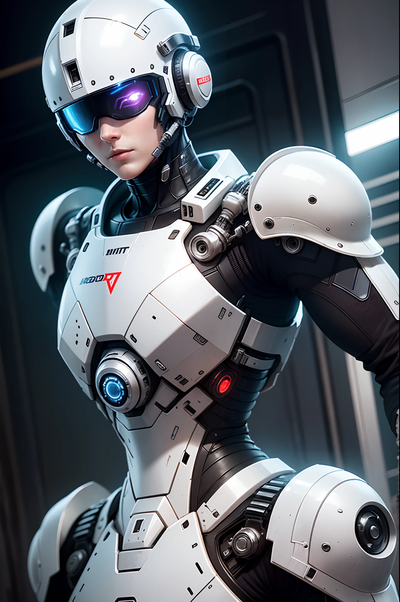 A realistic white combat Android in an advanced cybernetic suit, with cyberpunk helmet and technological visor.