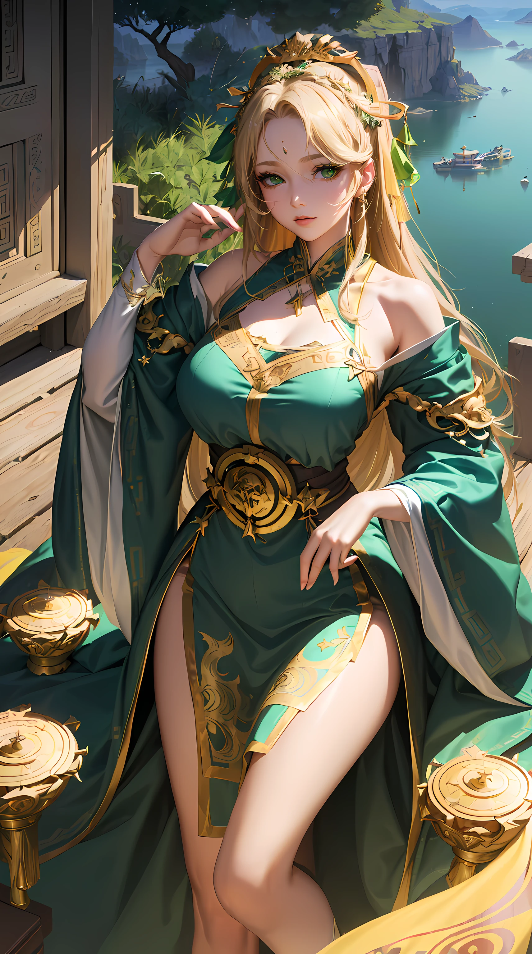 (((absurderes))), (((Best quality))), Portrait, Digital art, (trending on artstationh), ((1girll)), ((green shine eyes)), Star-shaped eyes, Beautiful, (Long beige blonde hair), (((greek clothes))):0.9.