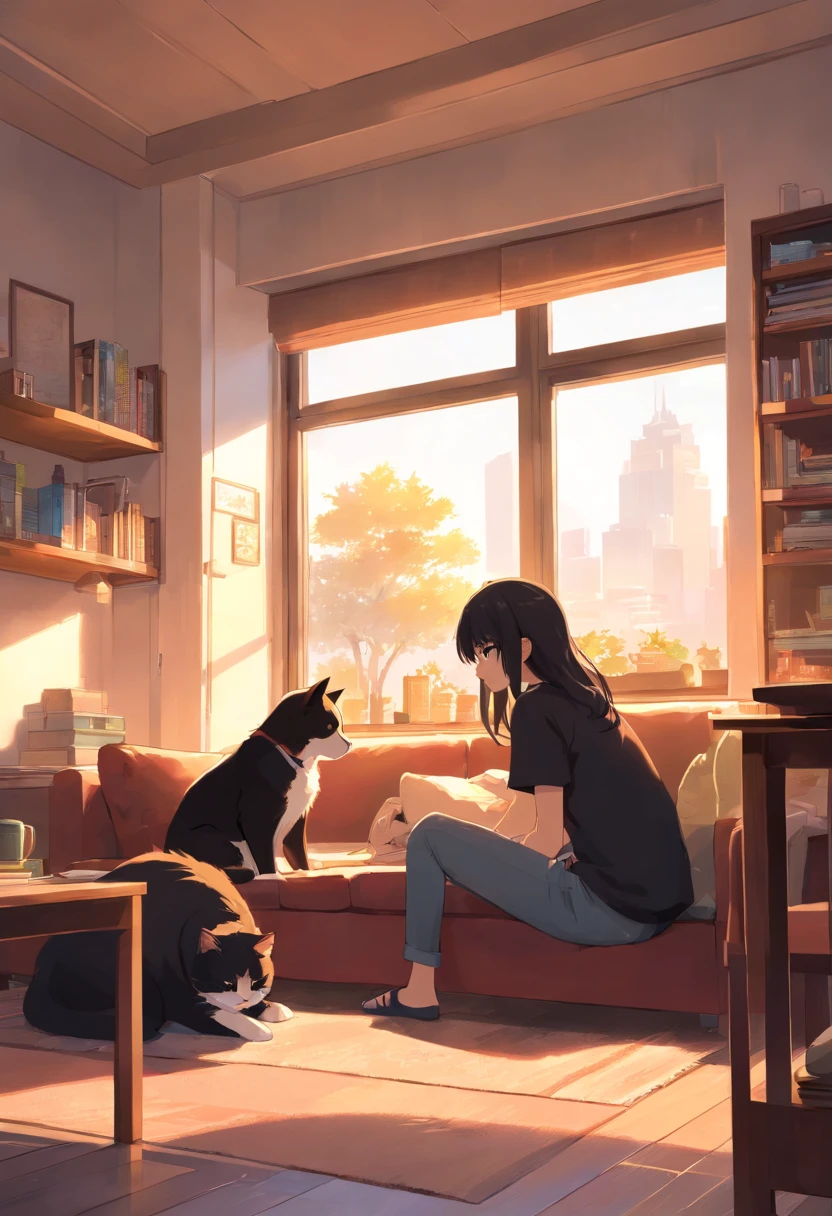 A room for two people，The man wears a black T，Woman with long hair sitting crossed，sitting in the couch，A large dog has black and white hair，A solid white cat stands on the windowsill