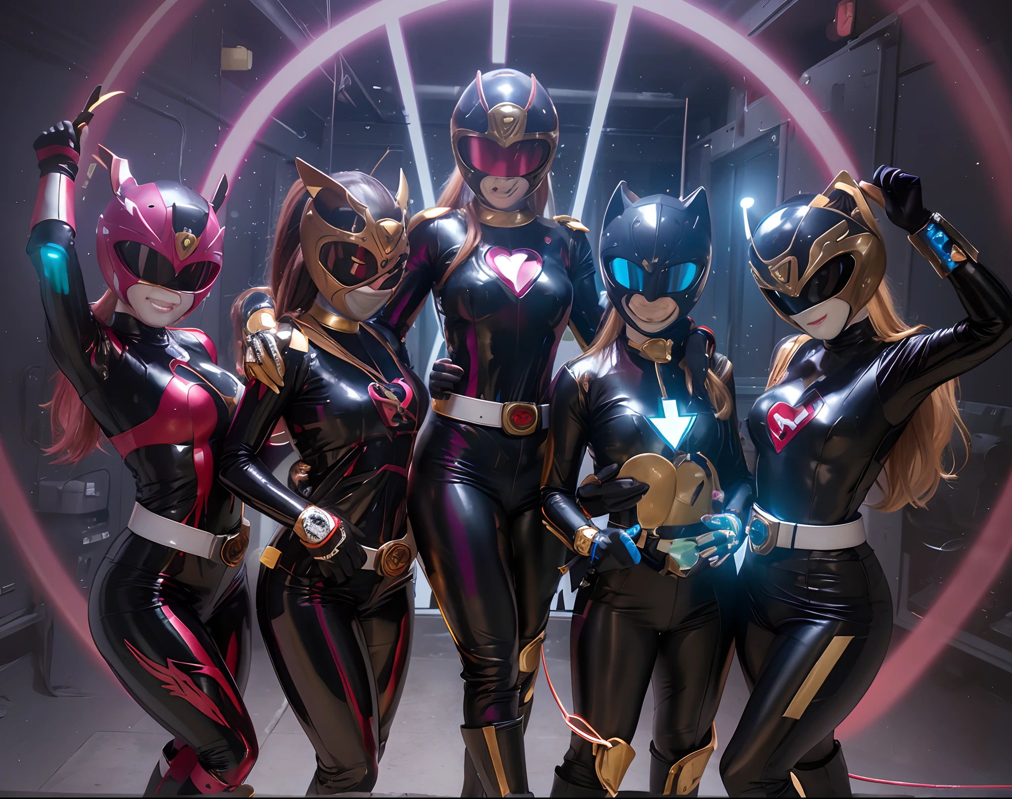 super SENTAI, Power Ranger, black latex, high leg, 5girls. evil figure, whole body,sexy pose, empty eyes, chained to machines, forehead, Heart tattoo, glowing tube, helmet, colorful lightning, headphone, chastity belt, ecstasy, costume with visible navel, glitter on costume